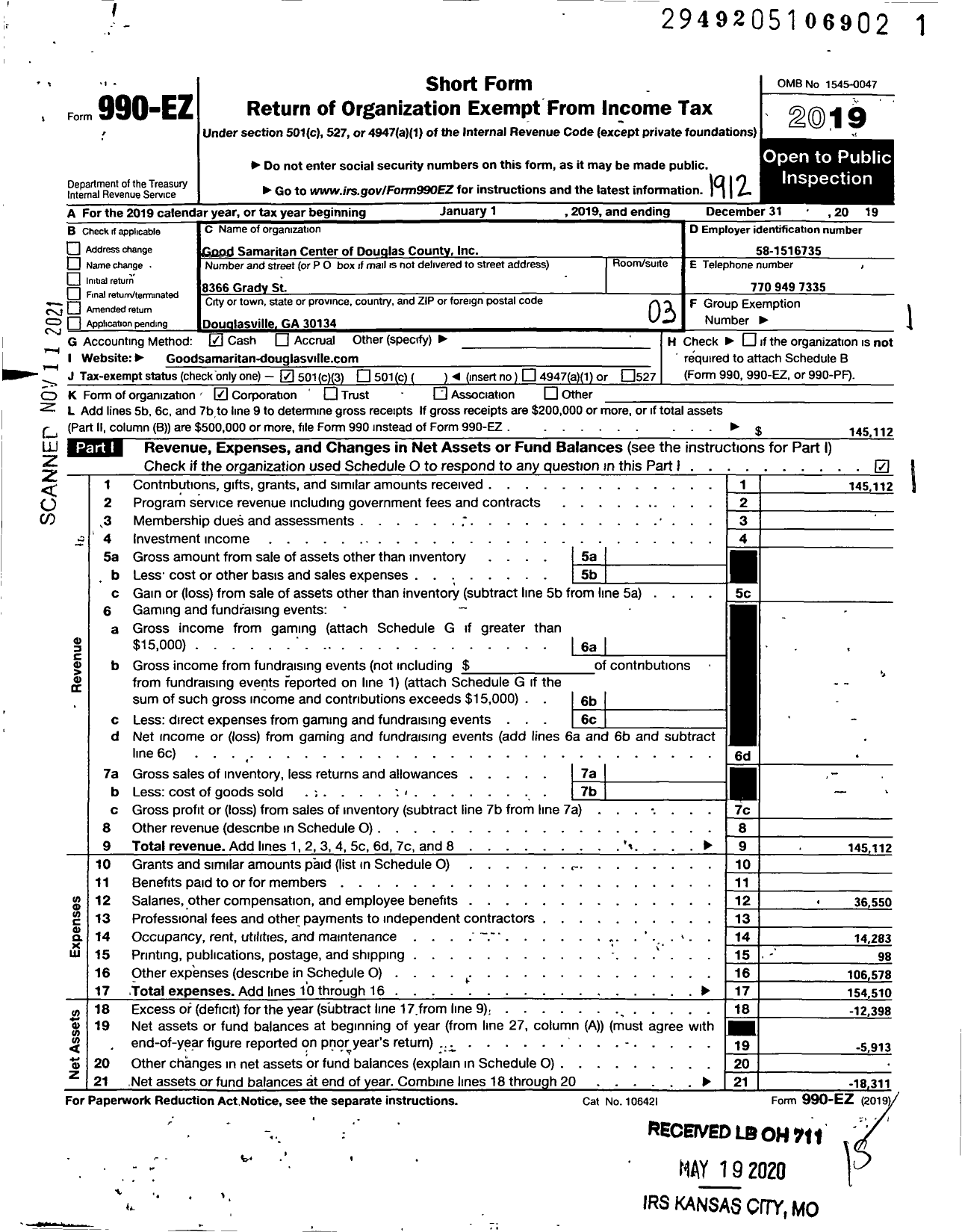 Image of first page of 2019 Form 990EZ for Good Samaritan Center of Douglas County