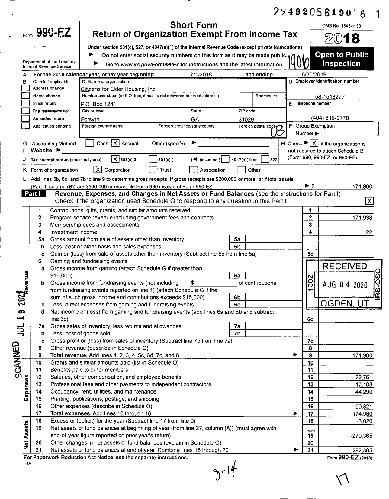 Image of first page of 2018 Form 990EZ for elder manor