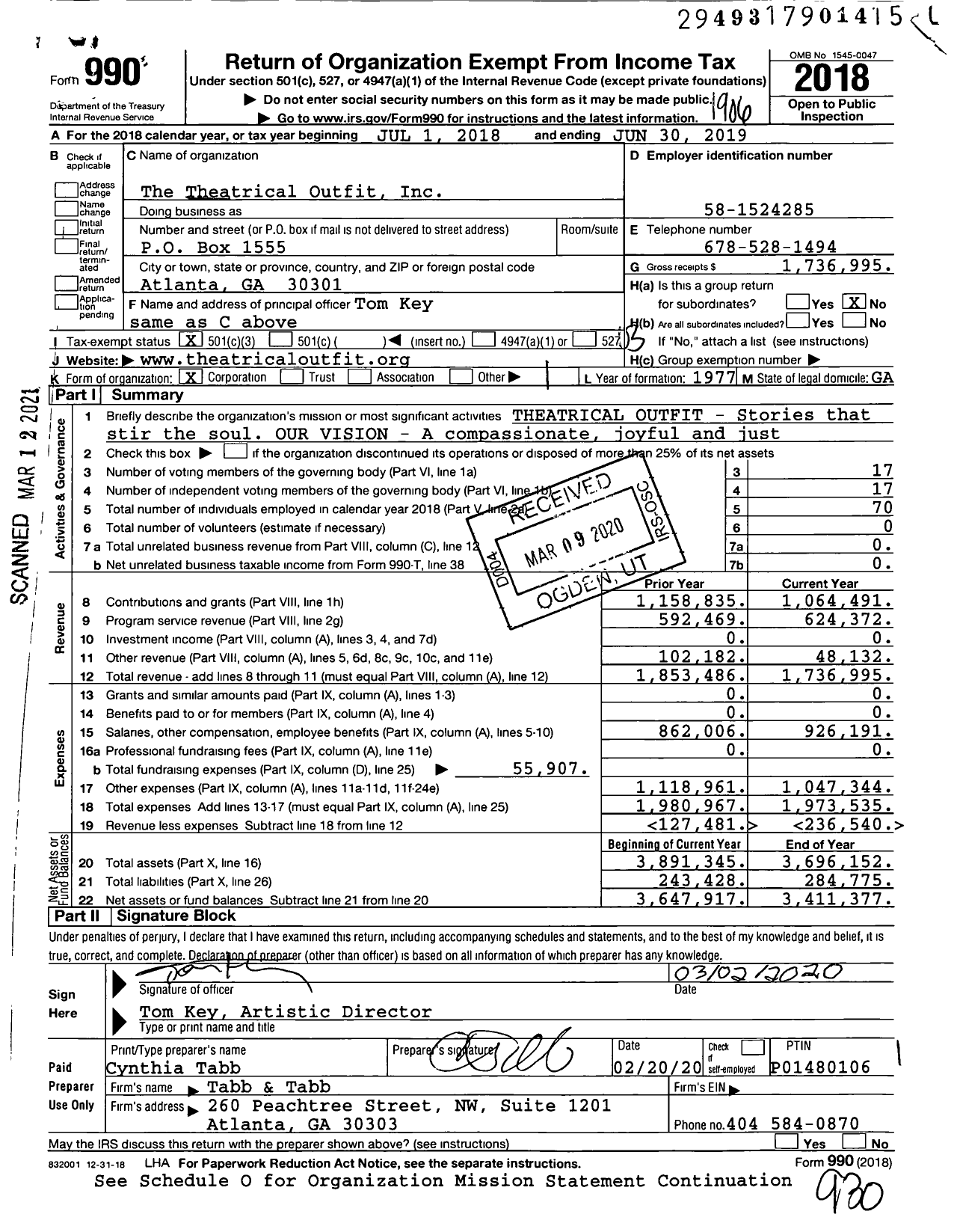 Image of first page of 2018 Form 990 for Theatrical Theatrical Outfit