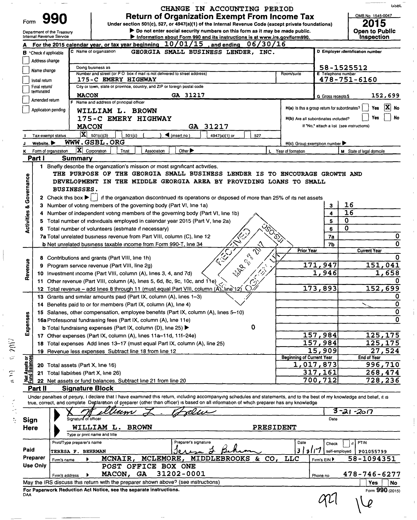 Image of first page of 2015 Form 990 for Georgia Small Business Lender