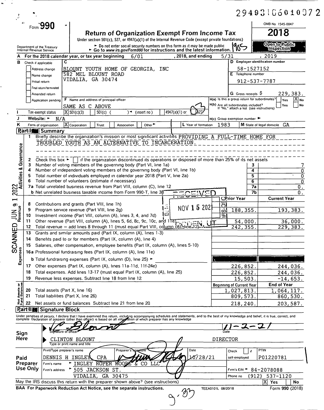 Image of first page of 2018 Form 990 for Blount Youth Home of Georgia