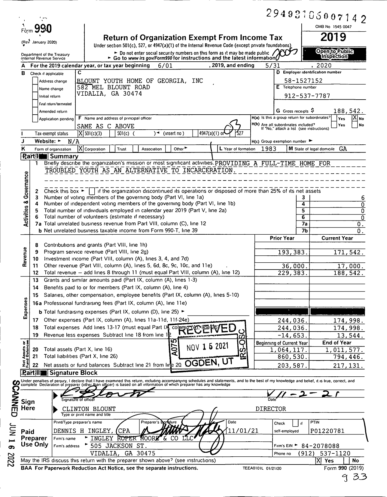 Image of first page of 2019 Form 990 for Blount Youth Home of Georgia