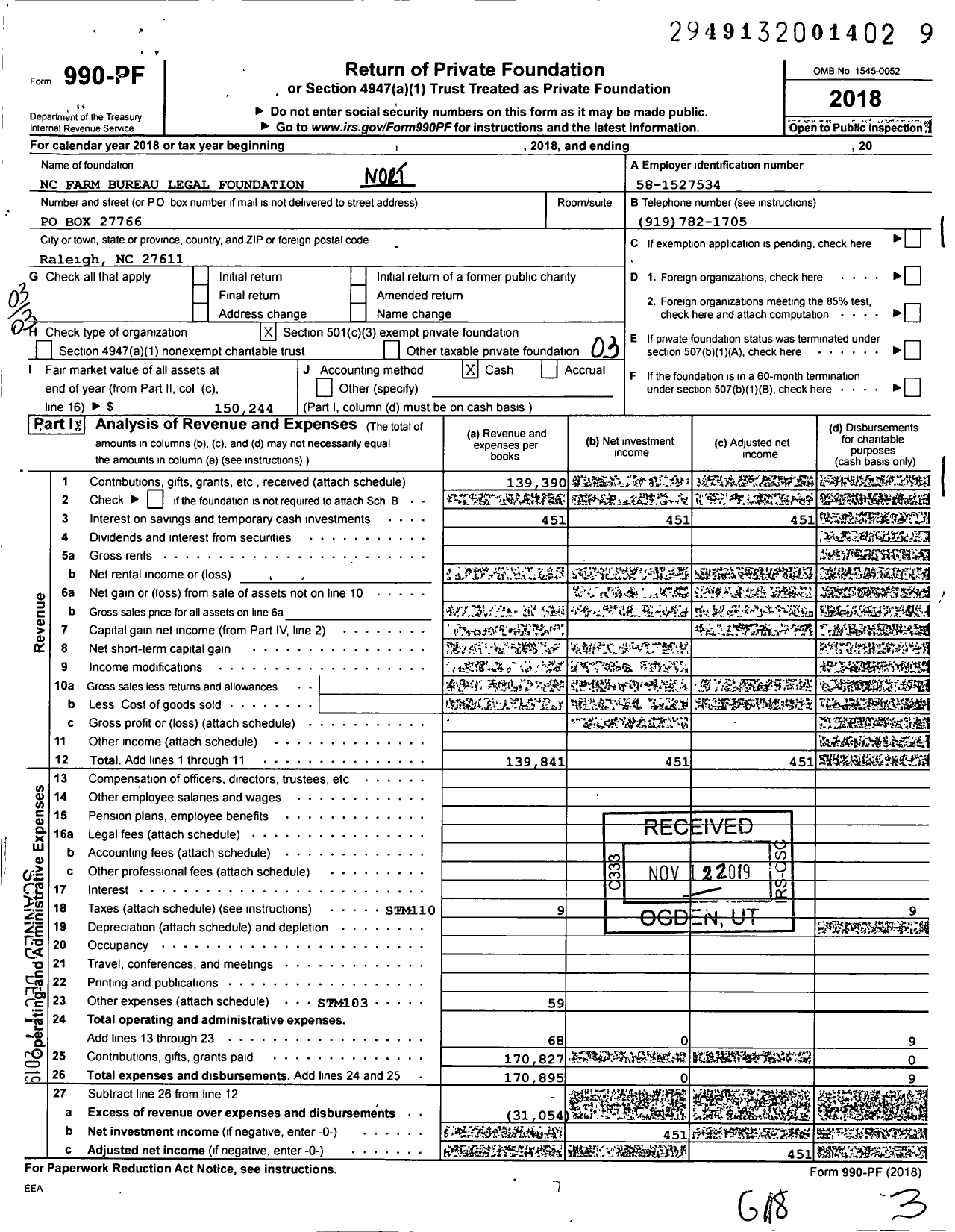 Image of first page of 2018 Form 990PF for NC Farm Bureau Legal Foundation