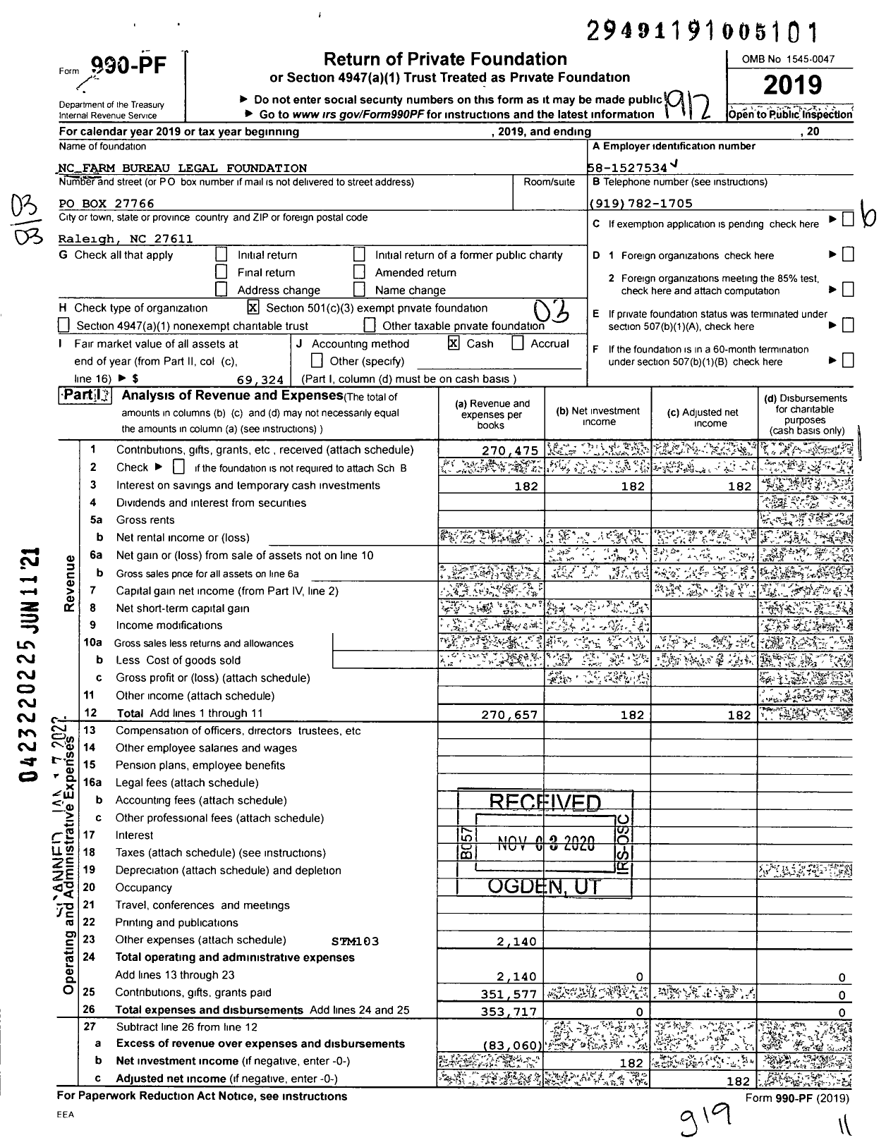 Image of first page of 2019 Form 990PF for NC Farm Bureau Legal Foundation