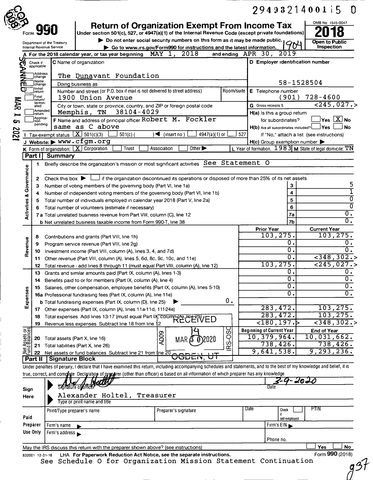 Image of first page of 2018 Form 990 for The Dunavant Foundation