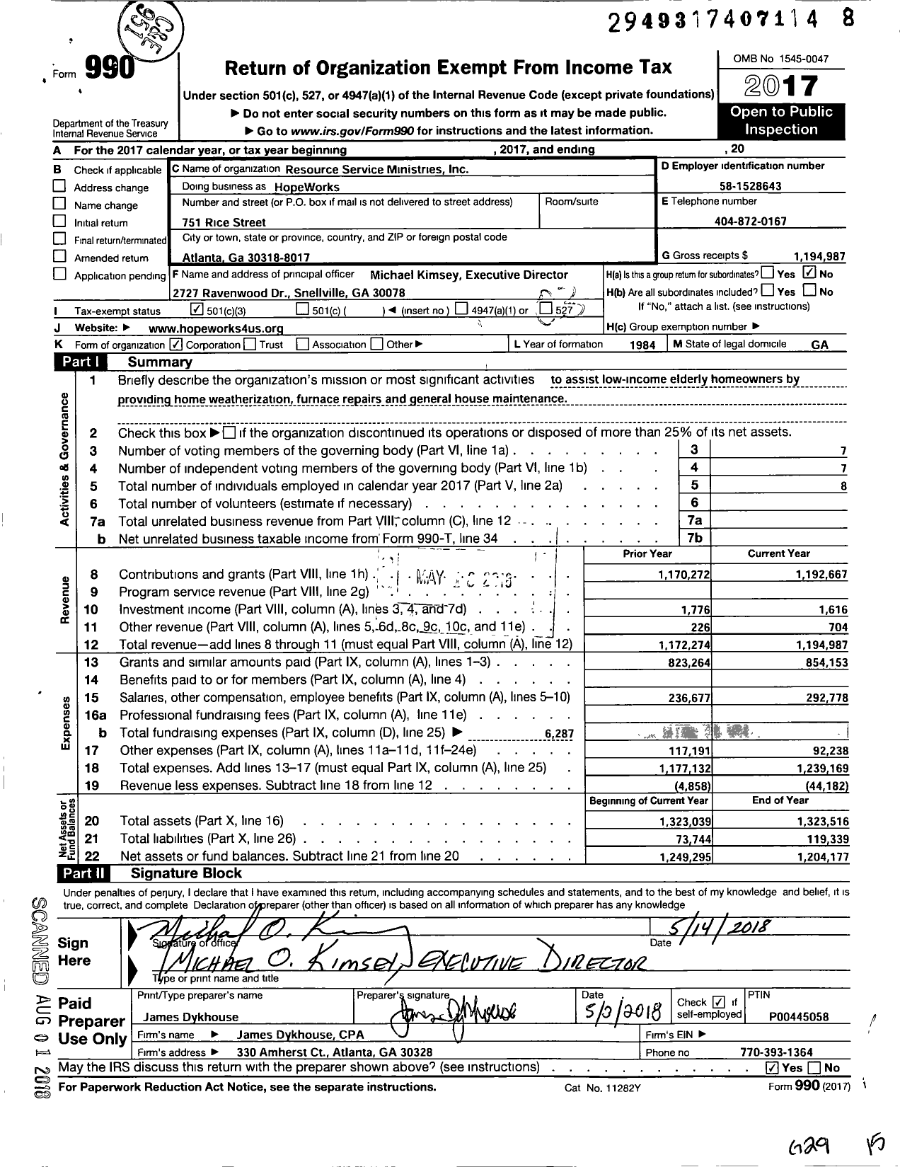 Image of first page of 2017 Form 990 for HopeWorks / Resource Service Ministries Inc