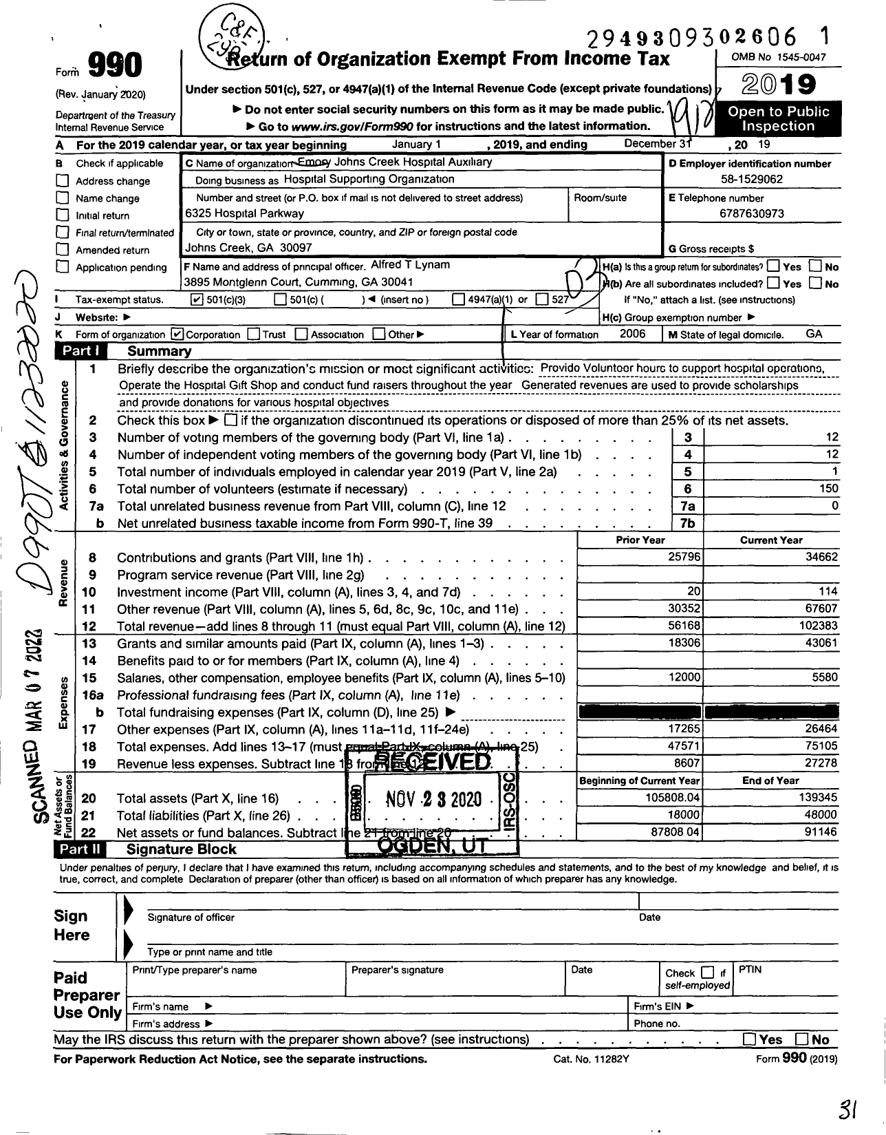 Image of first page of 2019 Form 990 for Emory Johns Creek Hospital Auxiliary