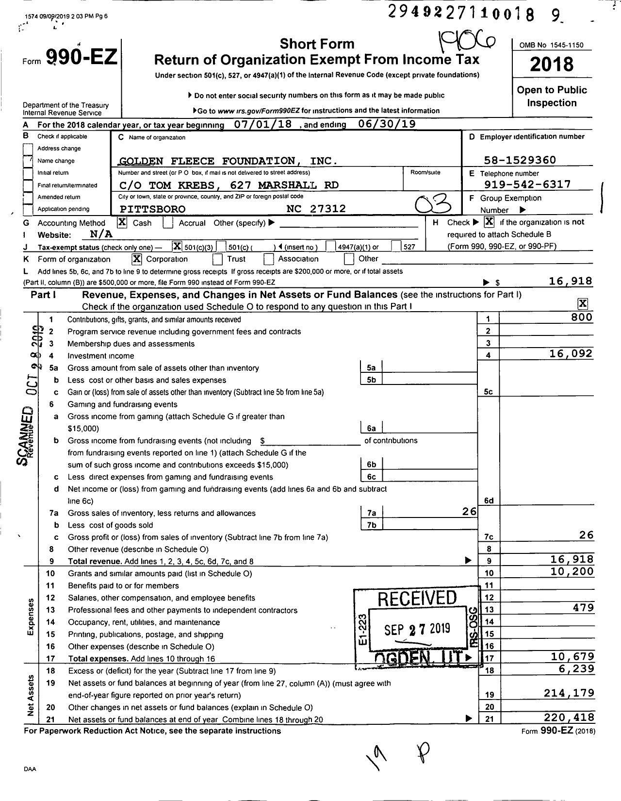 Image of first page of 2018 Form 990EZ for Golden Fleece Foundation