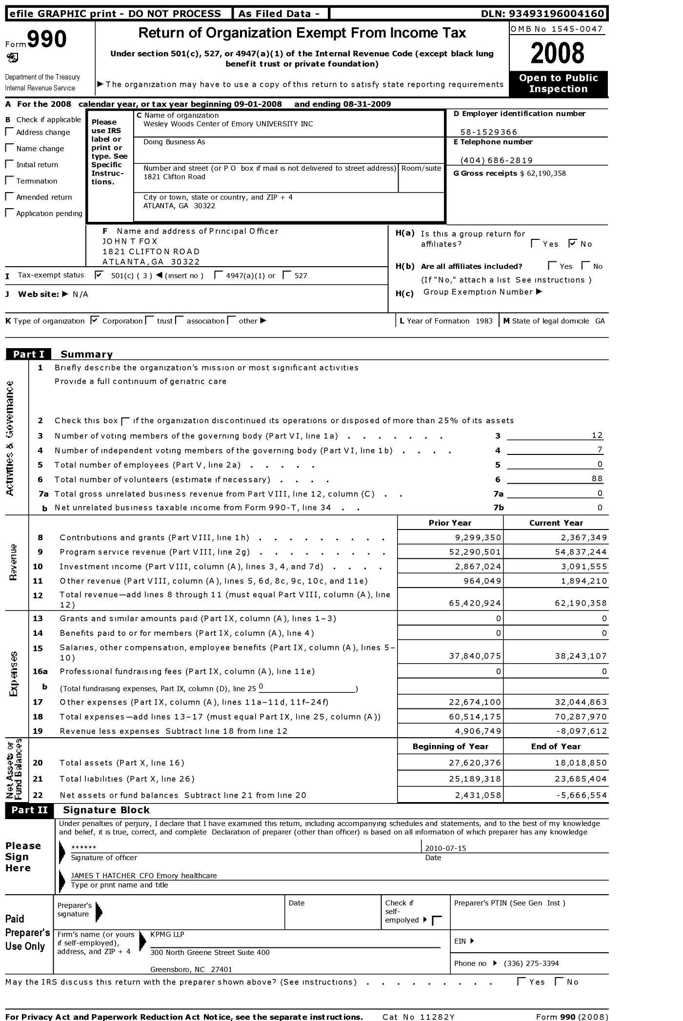Image of first page of 2008 Form 990 for Wesley Woods Center of Emory University