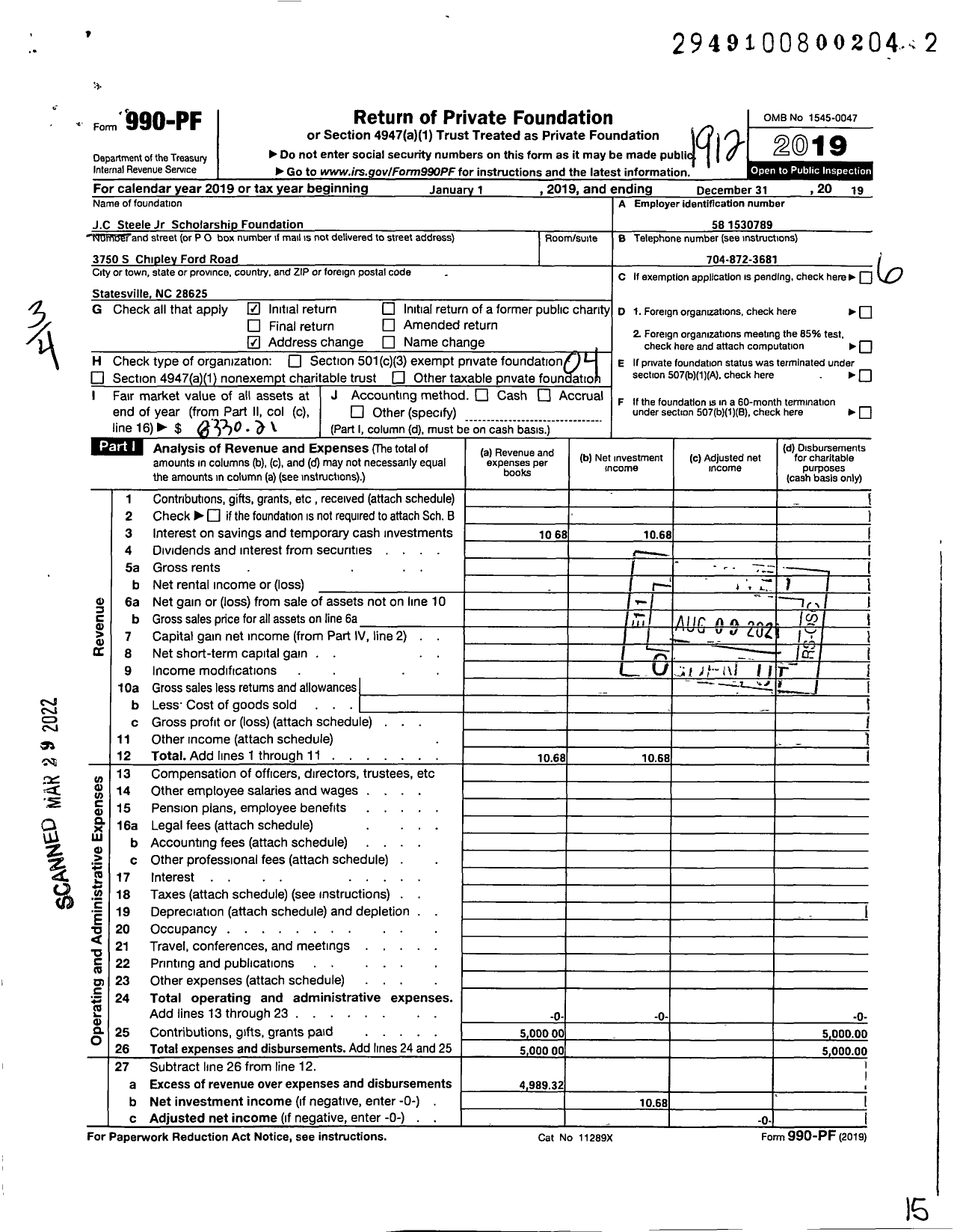 Image of first page of 2019 Form 990PF for J C Steele JR Scholarship Foundation