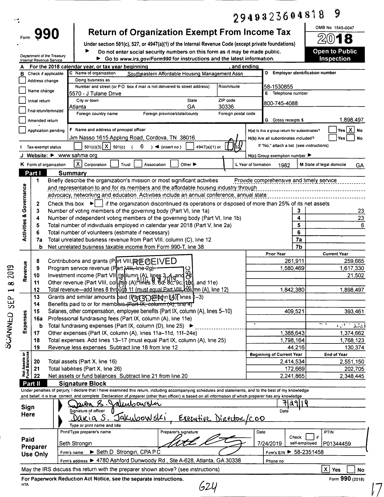 Image of first page of 2018 Form 990O for Southeastern Affordable Housing Management Association (SAHMA)