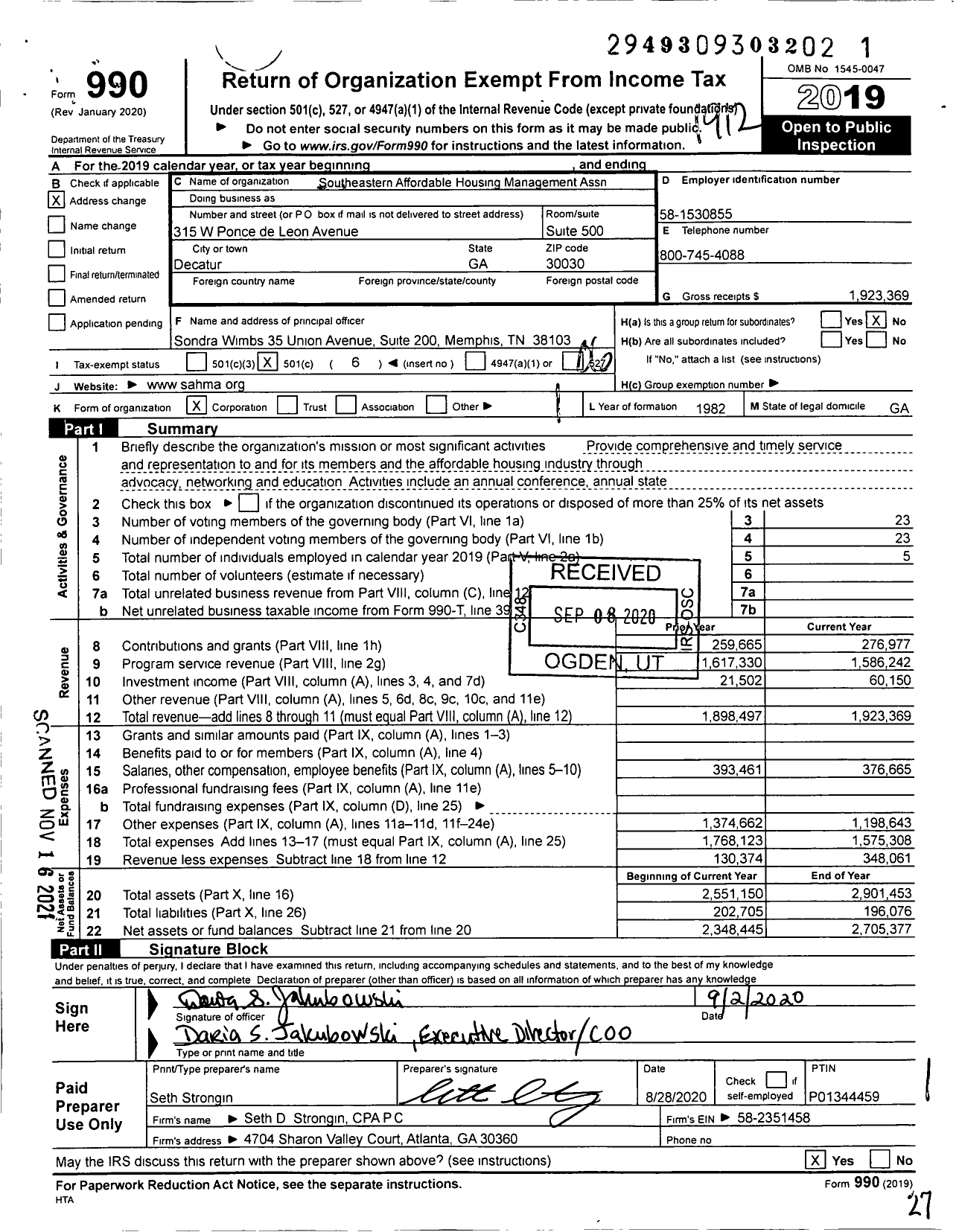 Image of first page of 2019 Form 990O for Southeastern Affordable Housing Management Association (SAHMA)