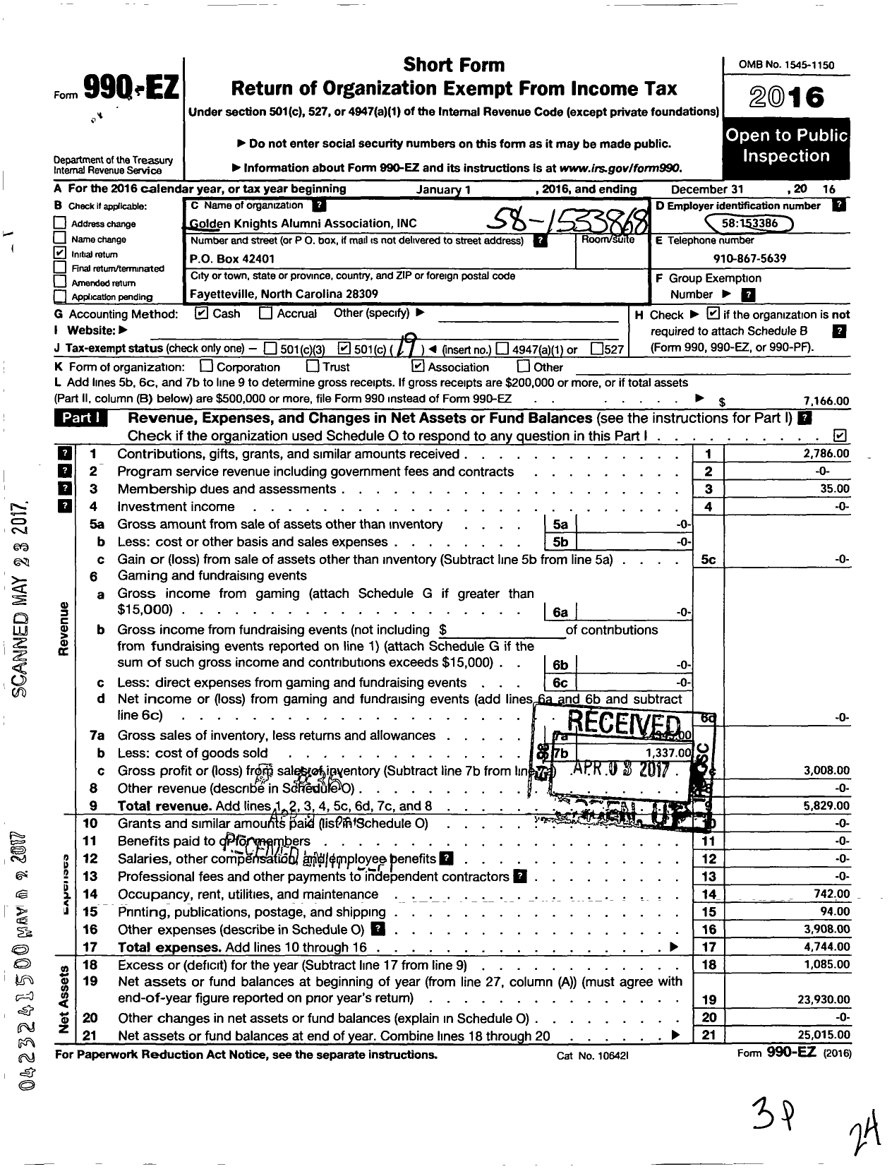 Image of first page of 2016 Form 990EO for Golden Knights Alumni Association Incorporated