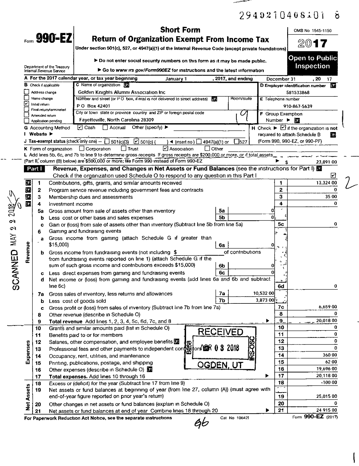 Image of first page of 2017 Form 990EO for Golden Knights Alumni Association Incorporated