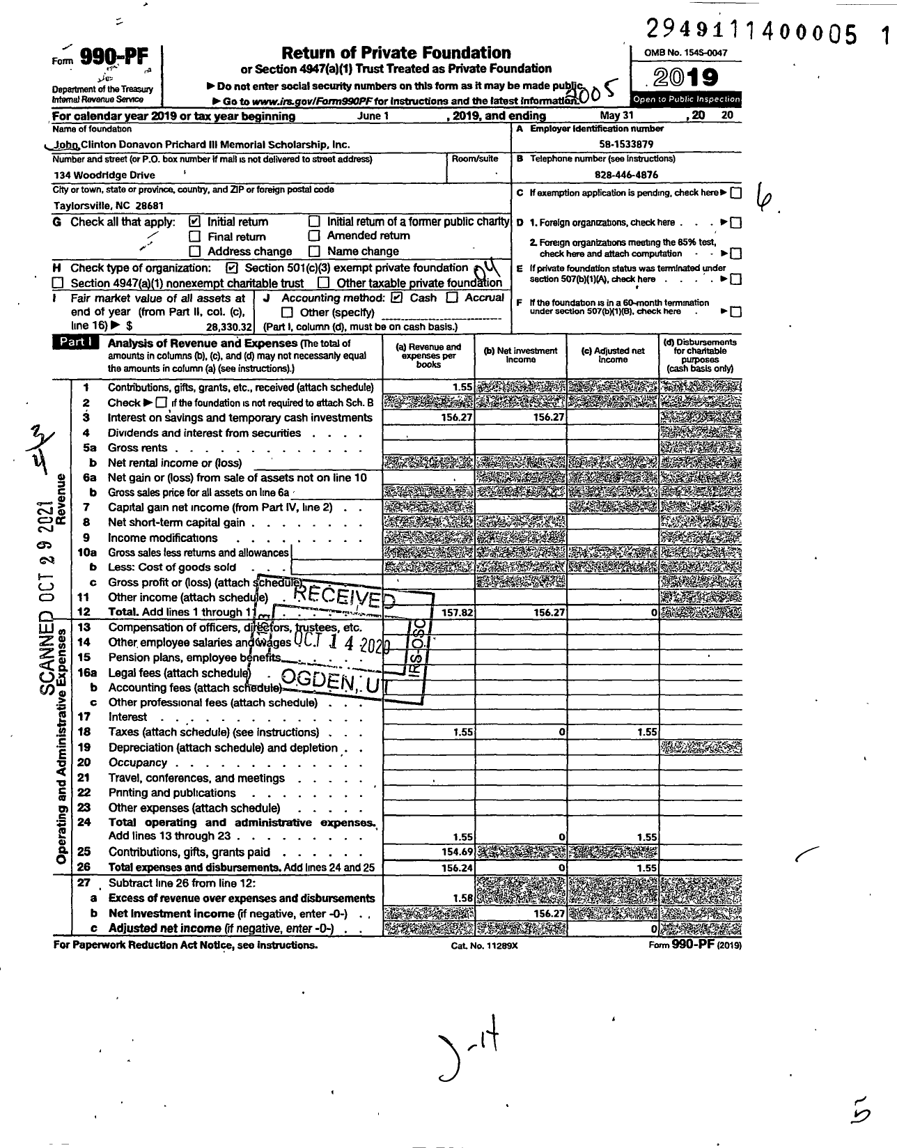 Image of first page of 2019 Form 990PF for John Clinton Donavon Prichard III Memorial Scholarship