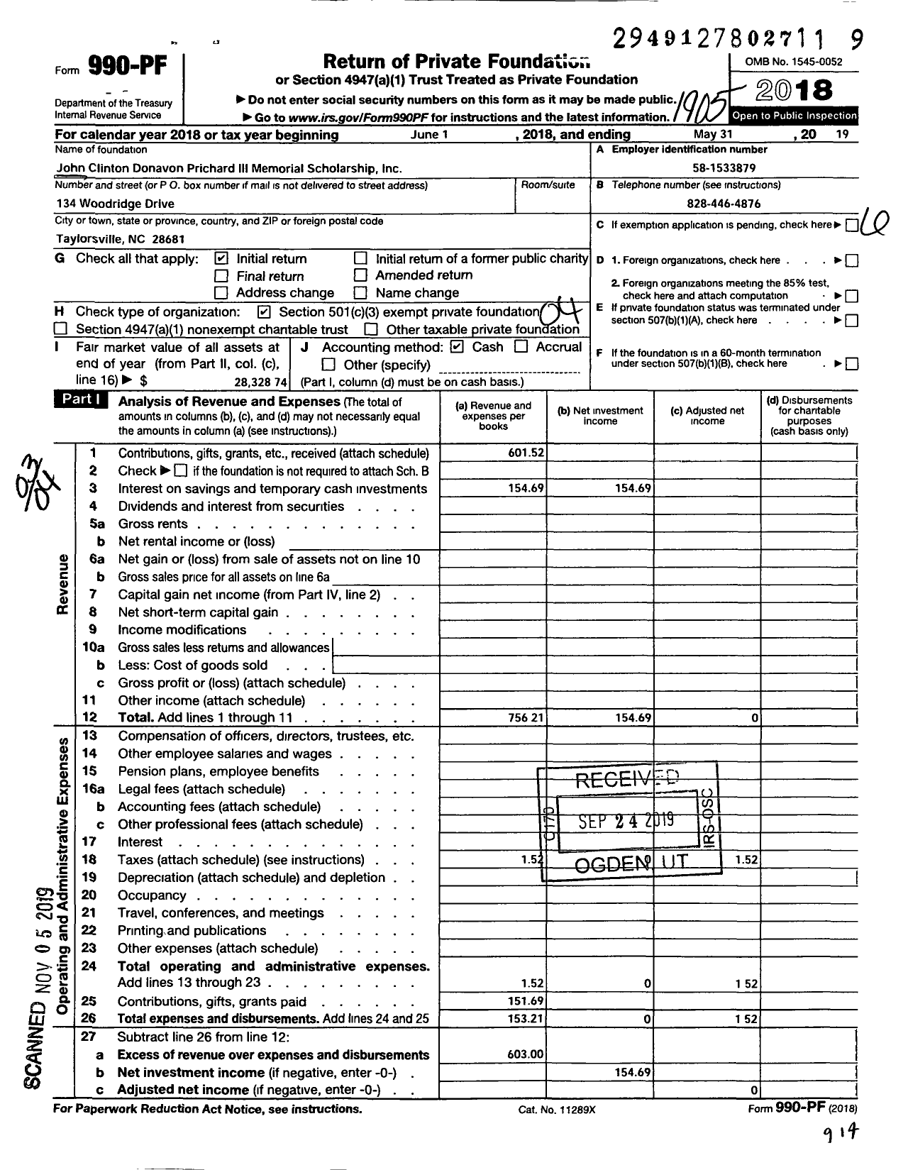 Image of first page of 2018 Form 990PF for John Clinton Donavon Prichard III Memorial Scholarship