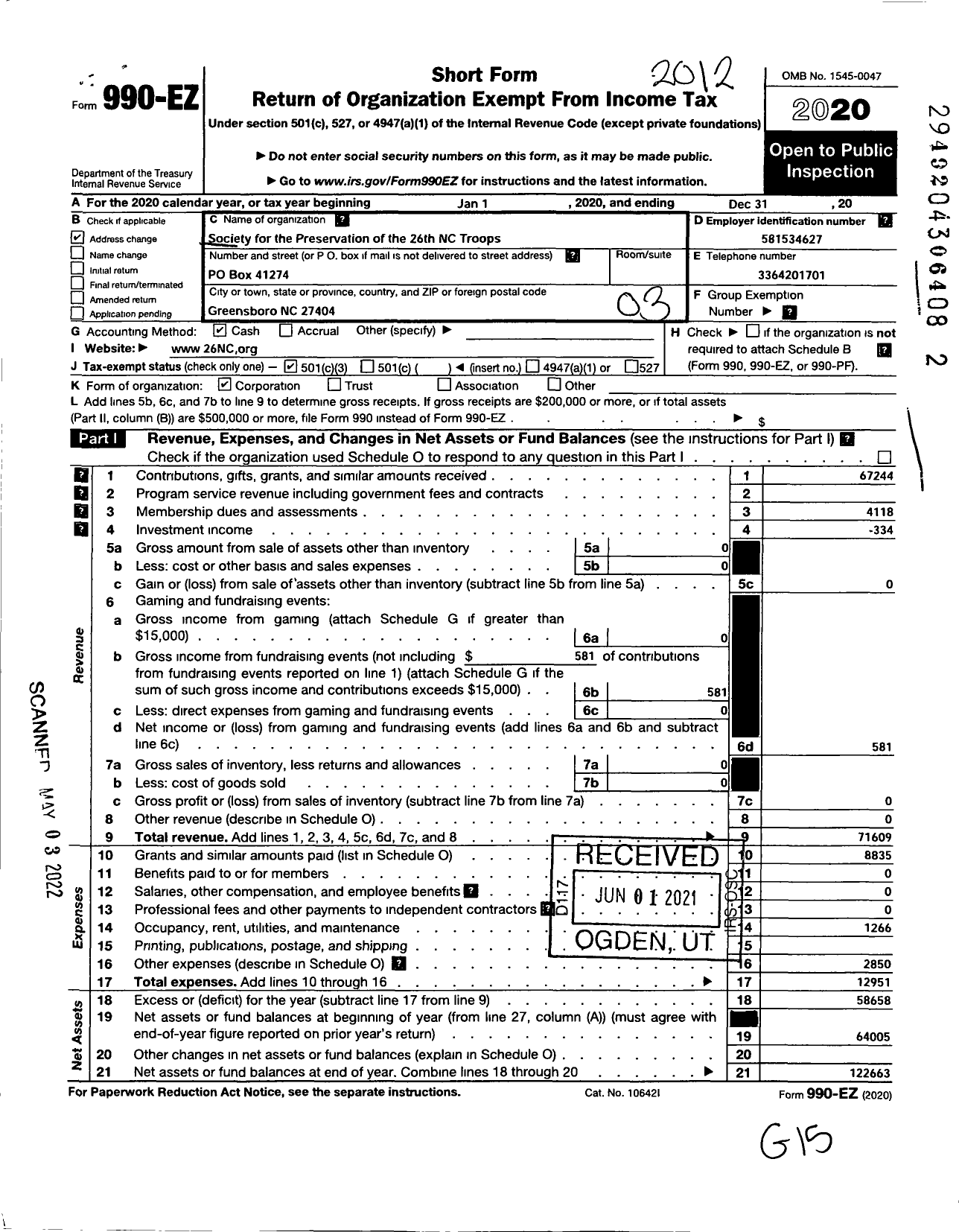 Image of first page of 2020 Form 990EZ for Society for the Preservation of the 26th NC Troops