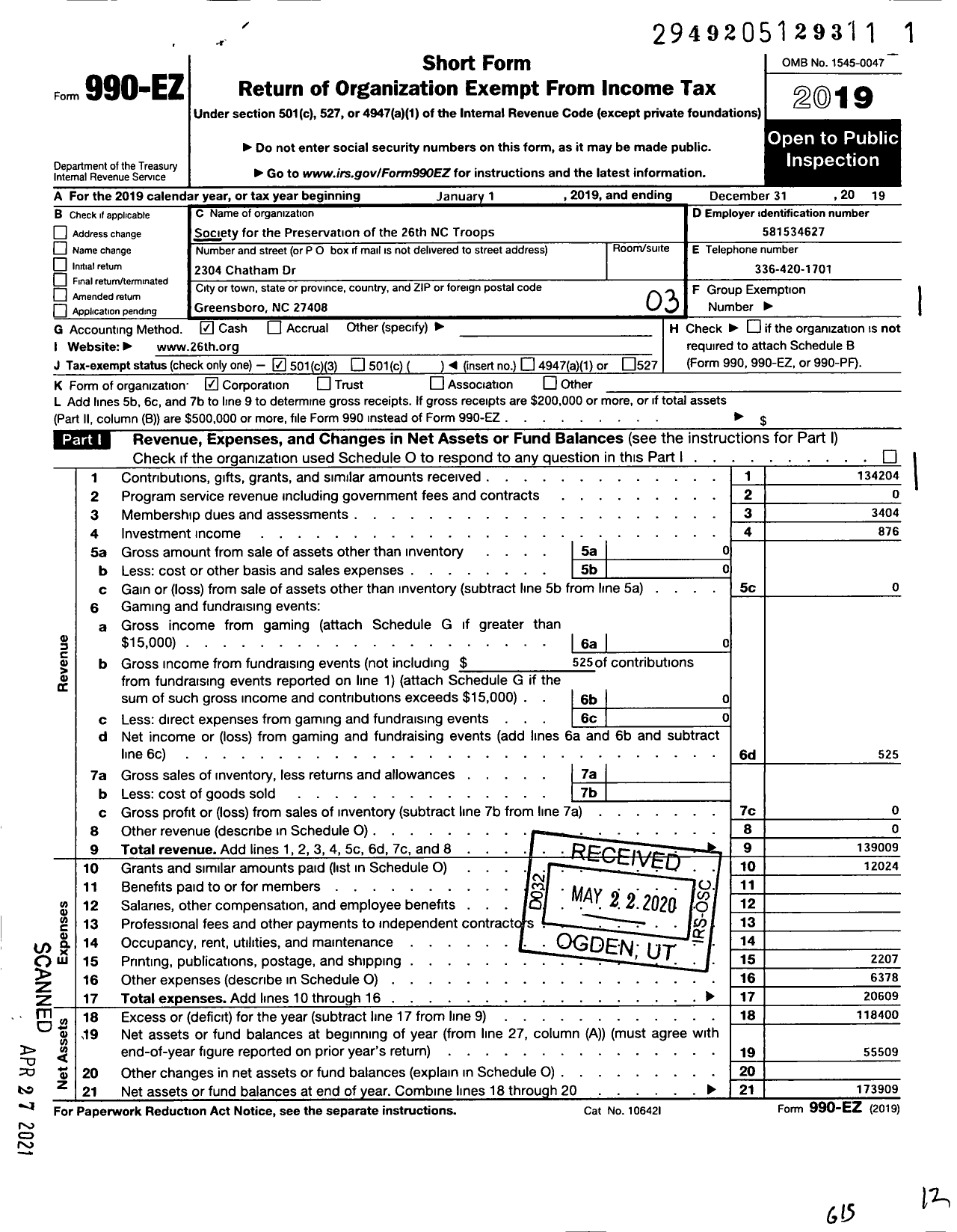 Image of first page of 2019 Form 990EZ for Society for the Preservation of the 26th NC Troops