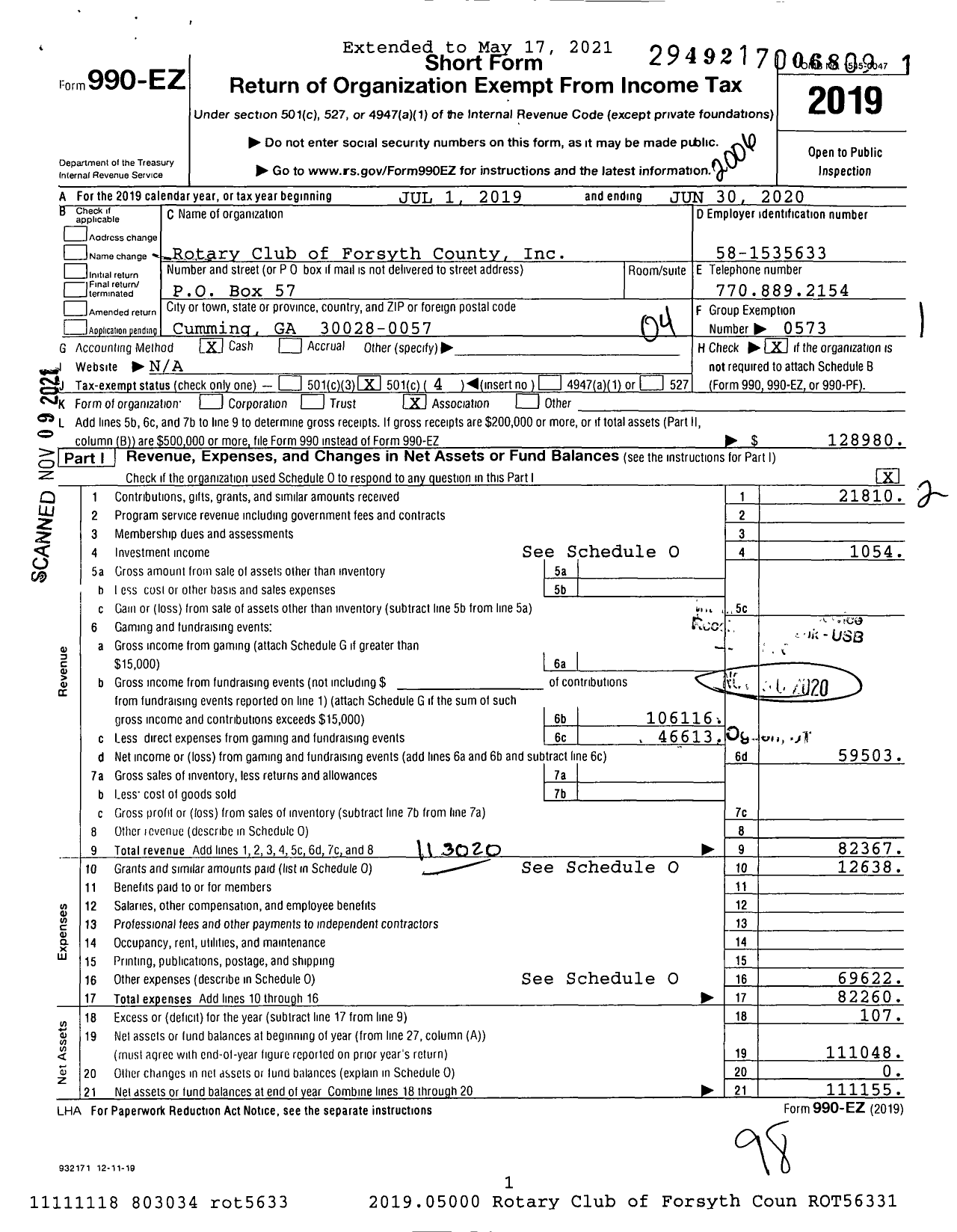 Image of first page of 2019 Form 990EO for Rotary International - Forsyth County Cumming Ga Rotary CL