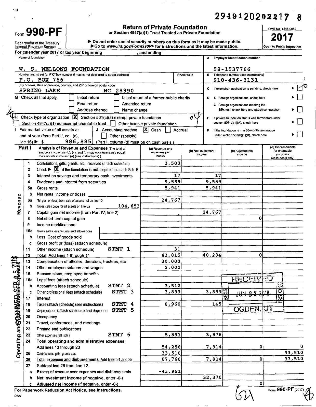 Image of first page of 2017 Form 990PF for W S Wellons Foundation