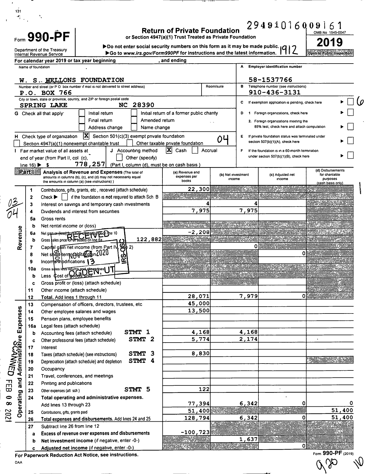 Image of first page of 2019 Form 990PF for W S Wellons Foundation