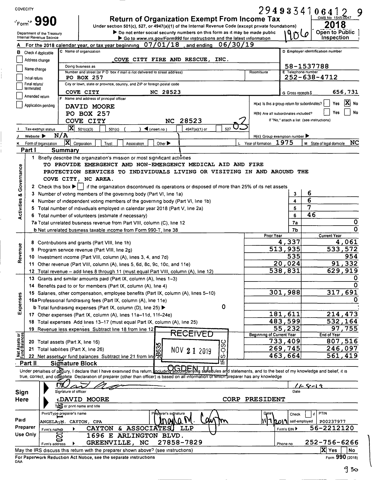 Image of first page of 2018 Form 990 for Cove City Ems