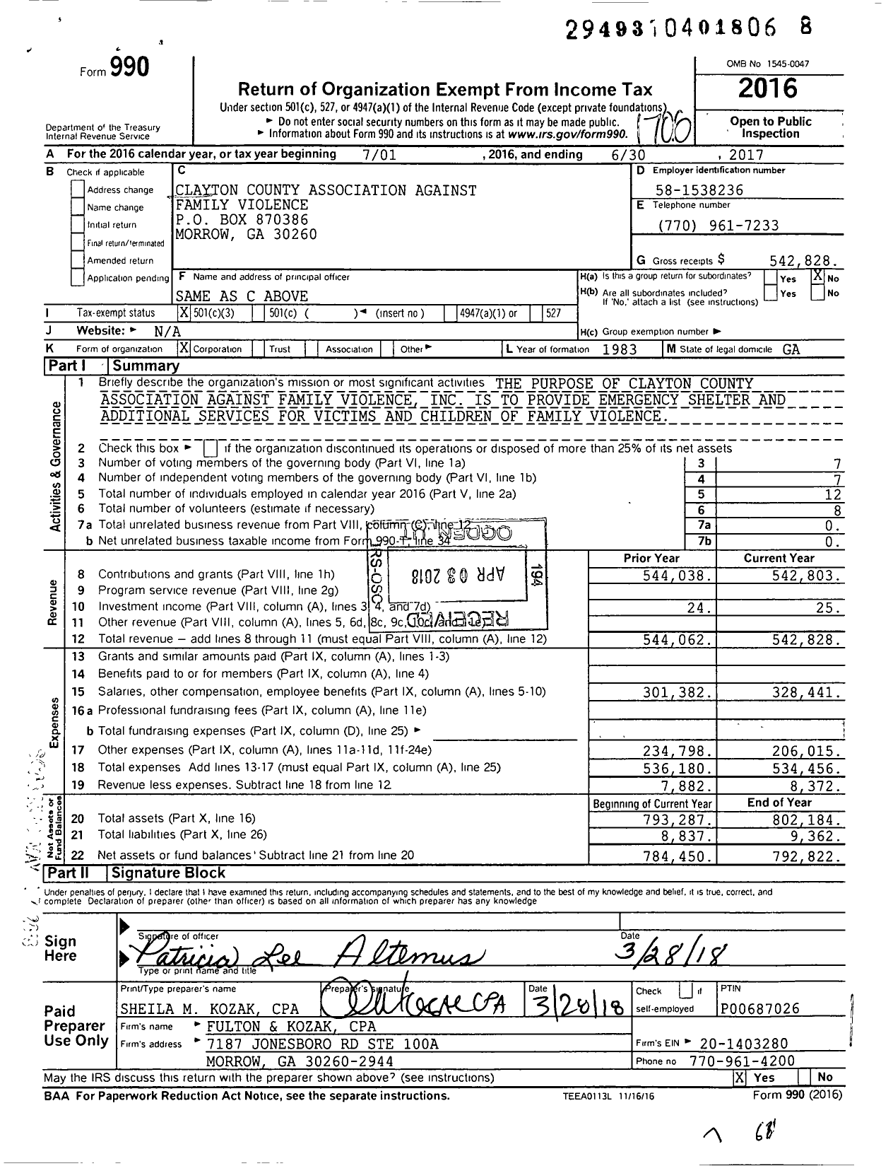 Image of first page of 2016 Form 990 for Clayton County Association Against Family Violence