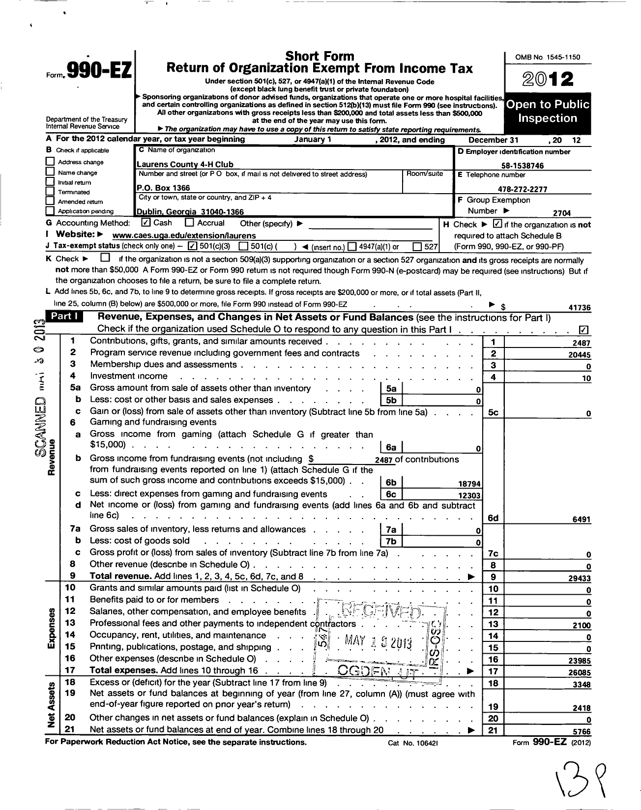 Image of first page of 2012 Form 990EZ for Georgia Extension 4-H Foundation / Laurens County Extension 4-H