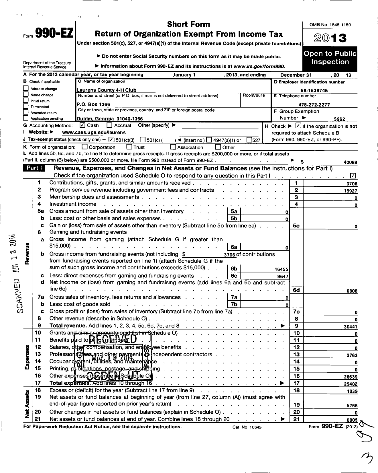 Image of first page of 2013 Form 990EZ for Georgia Extension 4-H Foundation / Laurens County Extension 4-H