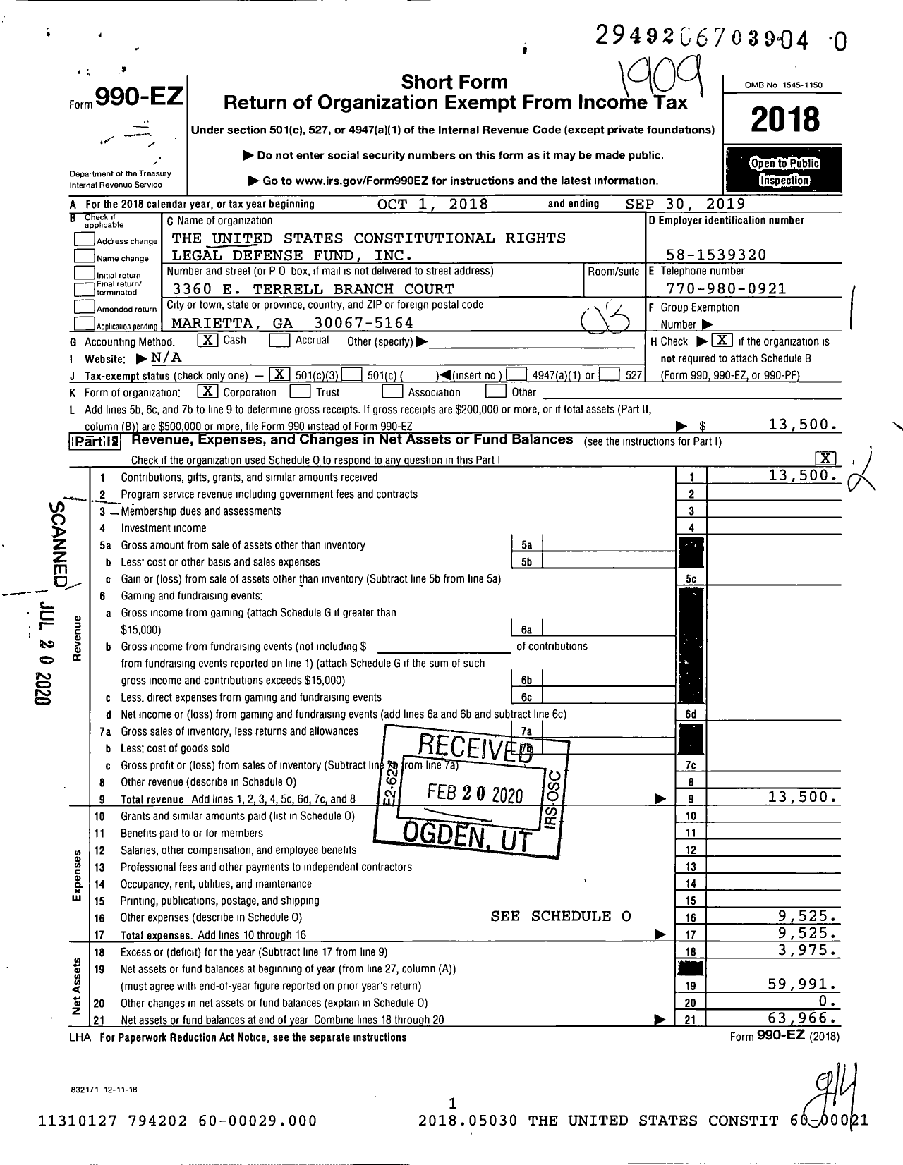 Image of first page of 2018 Form 990EZ for The United States Constitutional Rights Legal Defense Fund