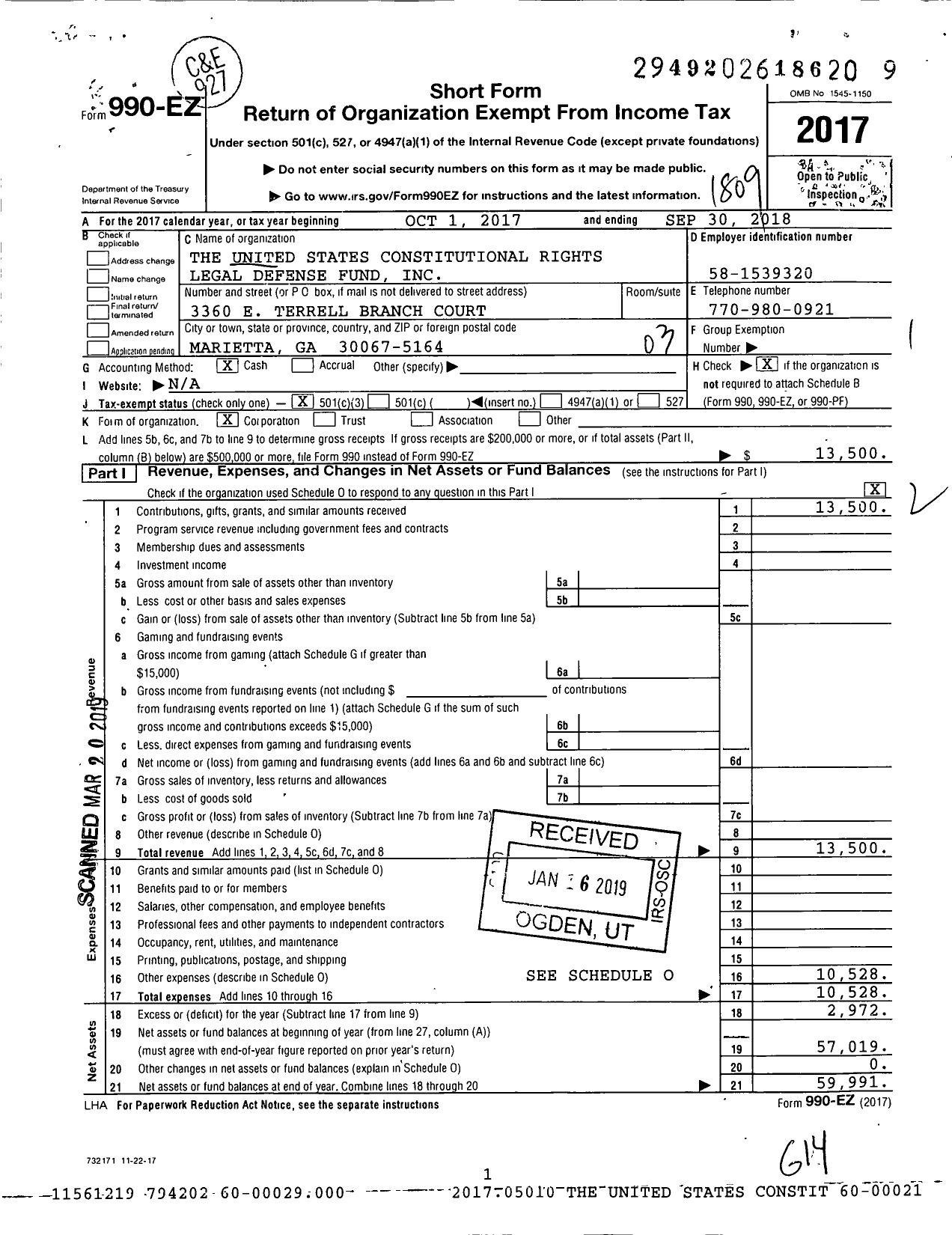 Image of first page of 2017 Form 990EZ for The United States Constitutional Rights Legal Defense Fund