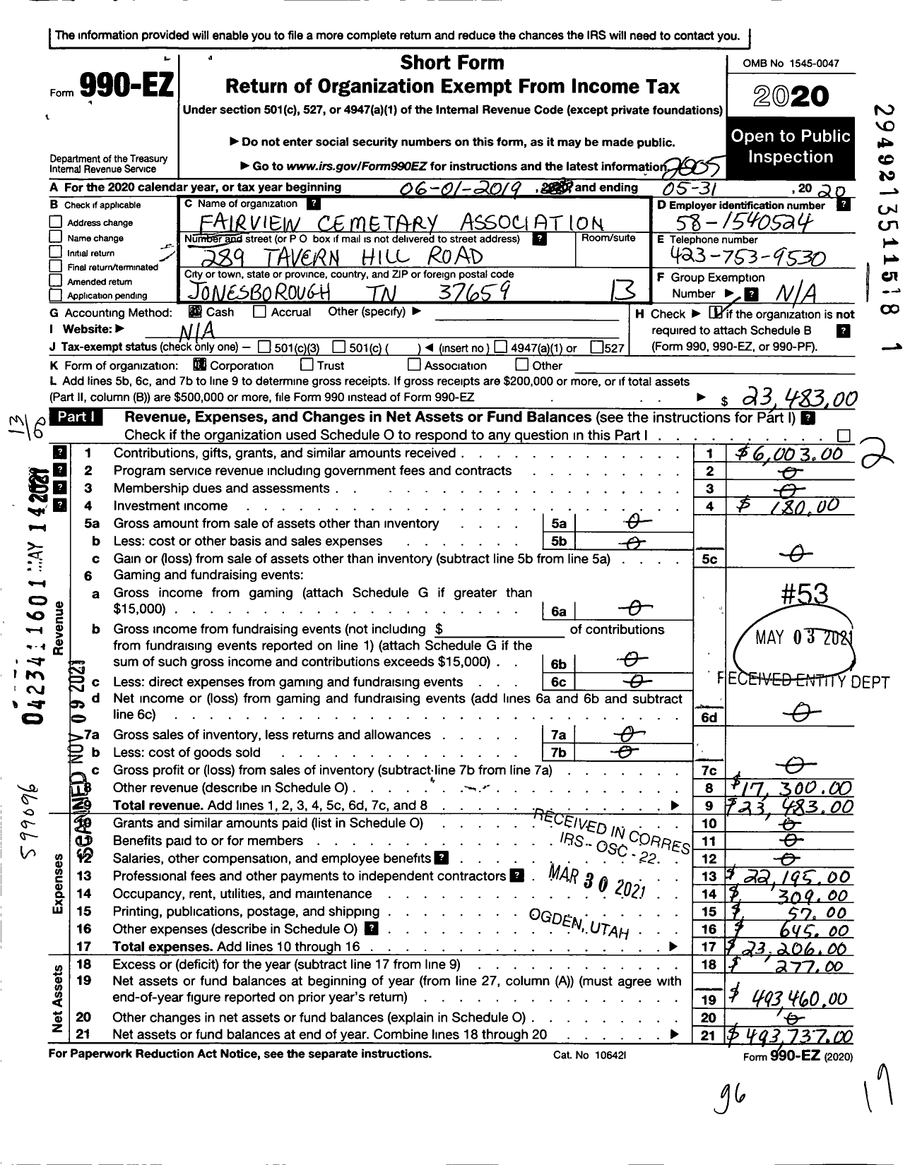 Image of first page of 2019 Form 990EO for Fairview Cemetary Association