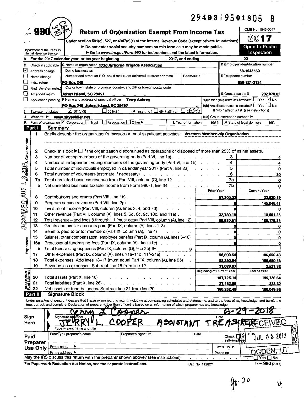 Image of first page of 2017 Form 990 for 173rd Airborne Brigade Association