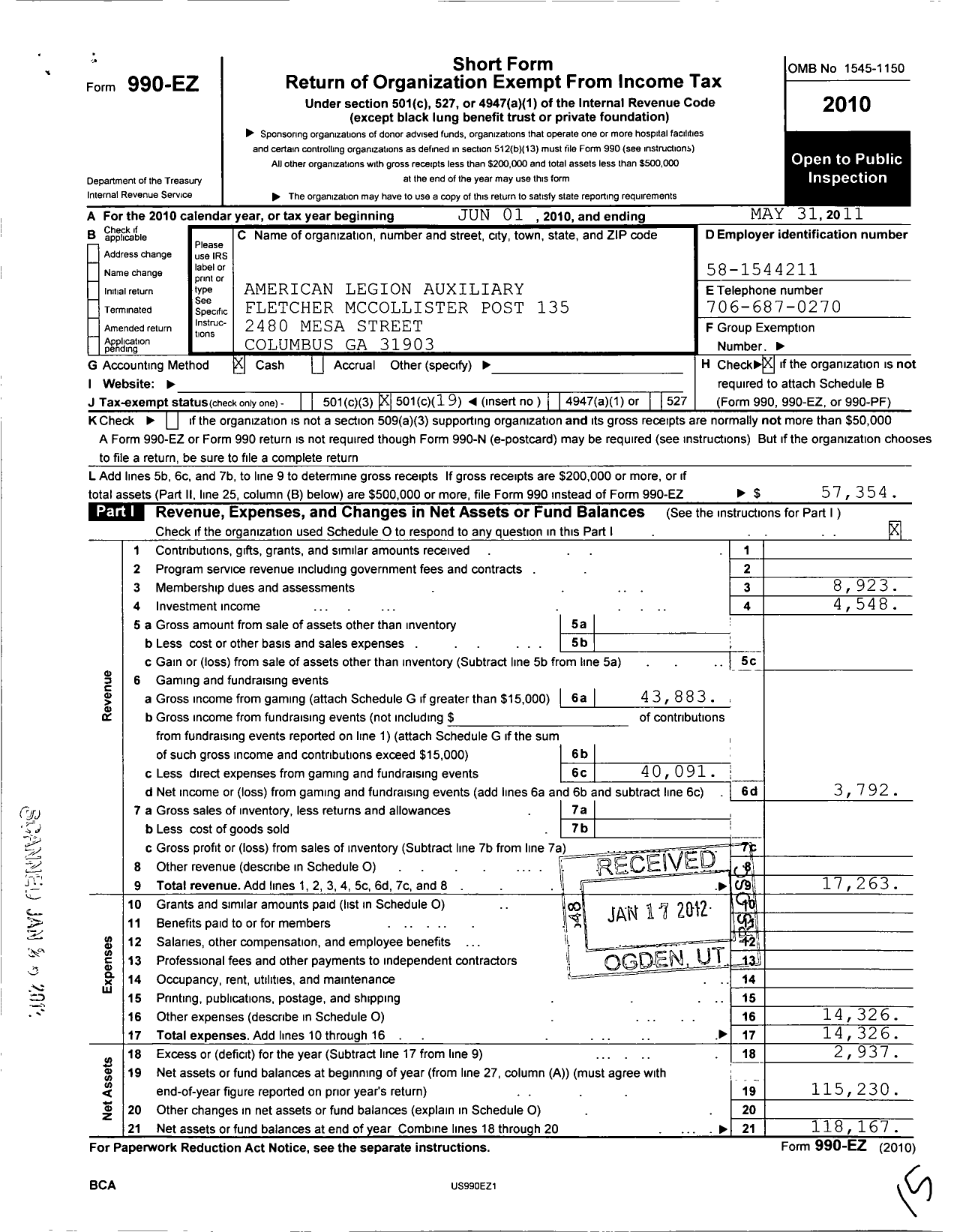 Image of first page of 2010 Form 990EO for American Legion Auxiliary - 135 Fletcher Mccollister Post