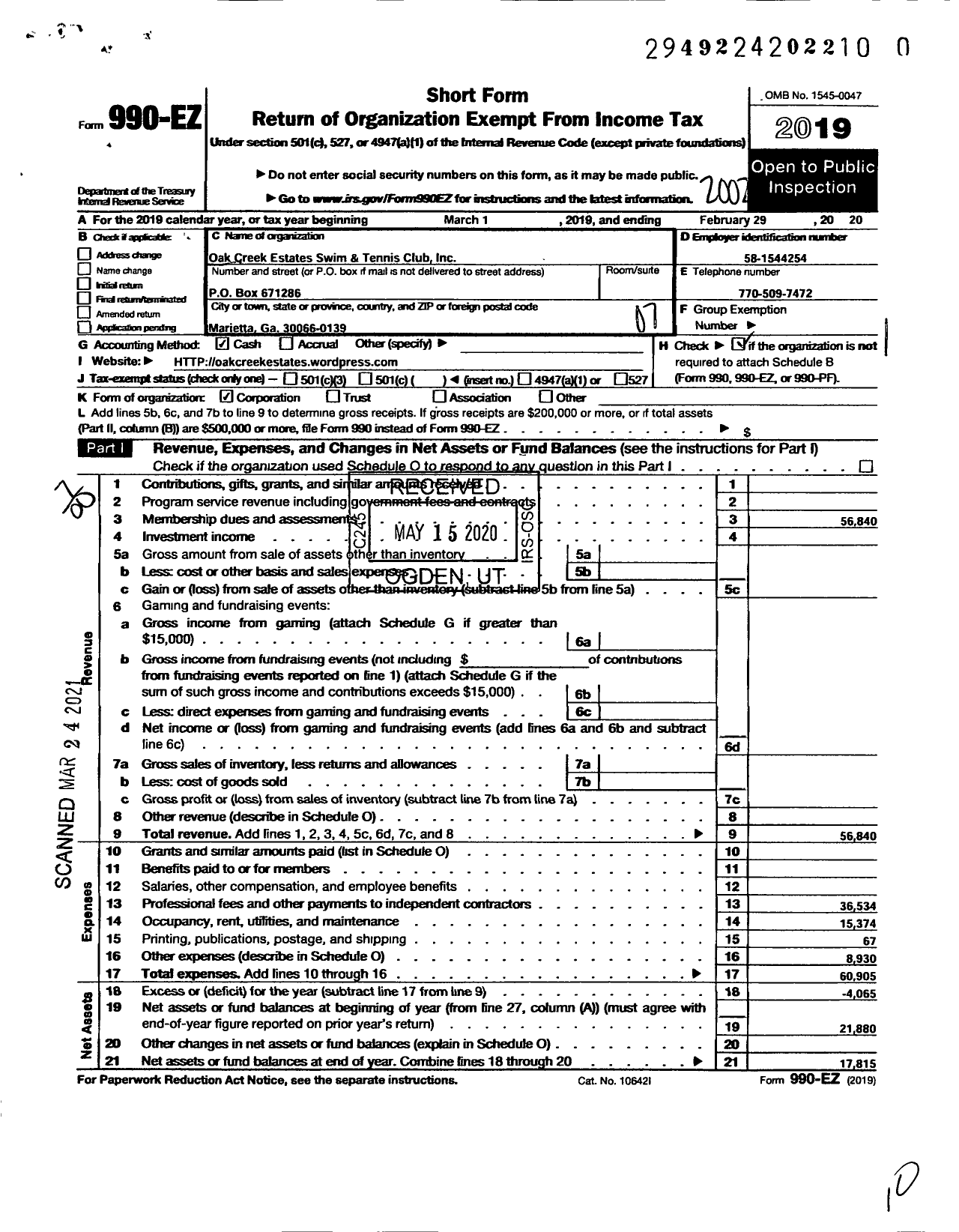 Image of first page of 2019 Form 990EO for Oak Creek Estates Swim and Tennis Club