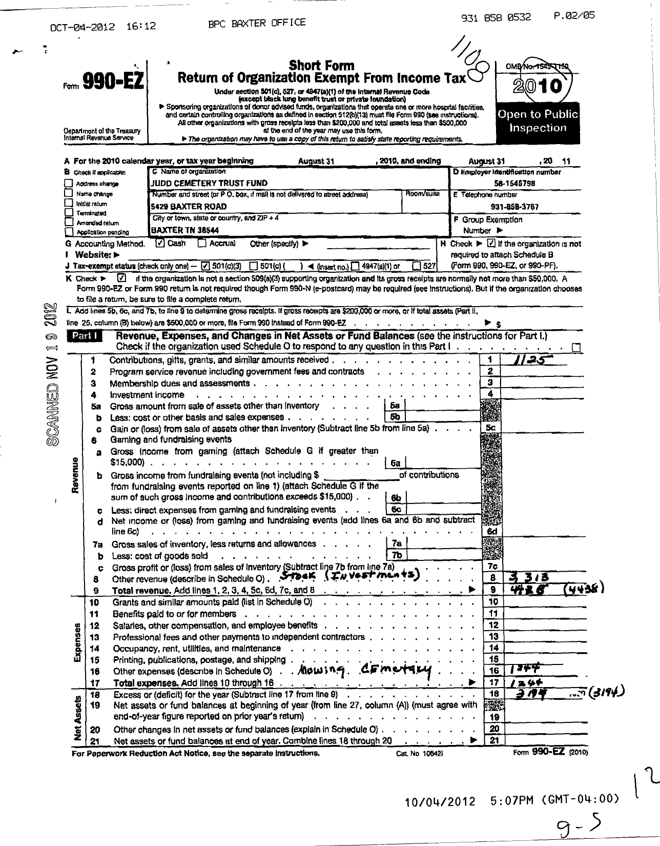 Image of first page of 2010 Form 990EZ for Judd Cemetery Trust Fund