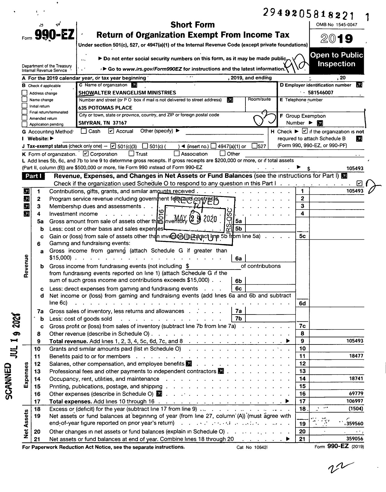 Image of first page of 2019 Form 990EZ for Showalter Evangelism Ministries