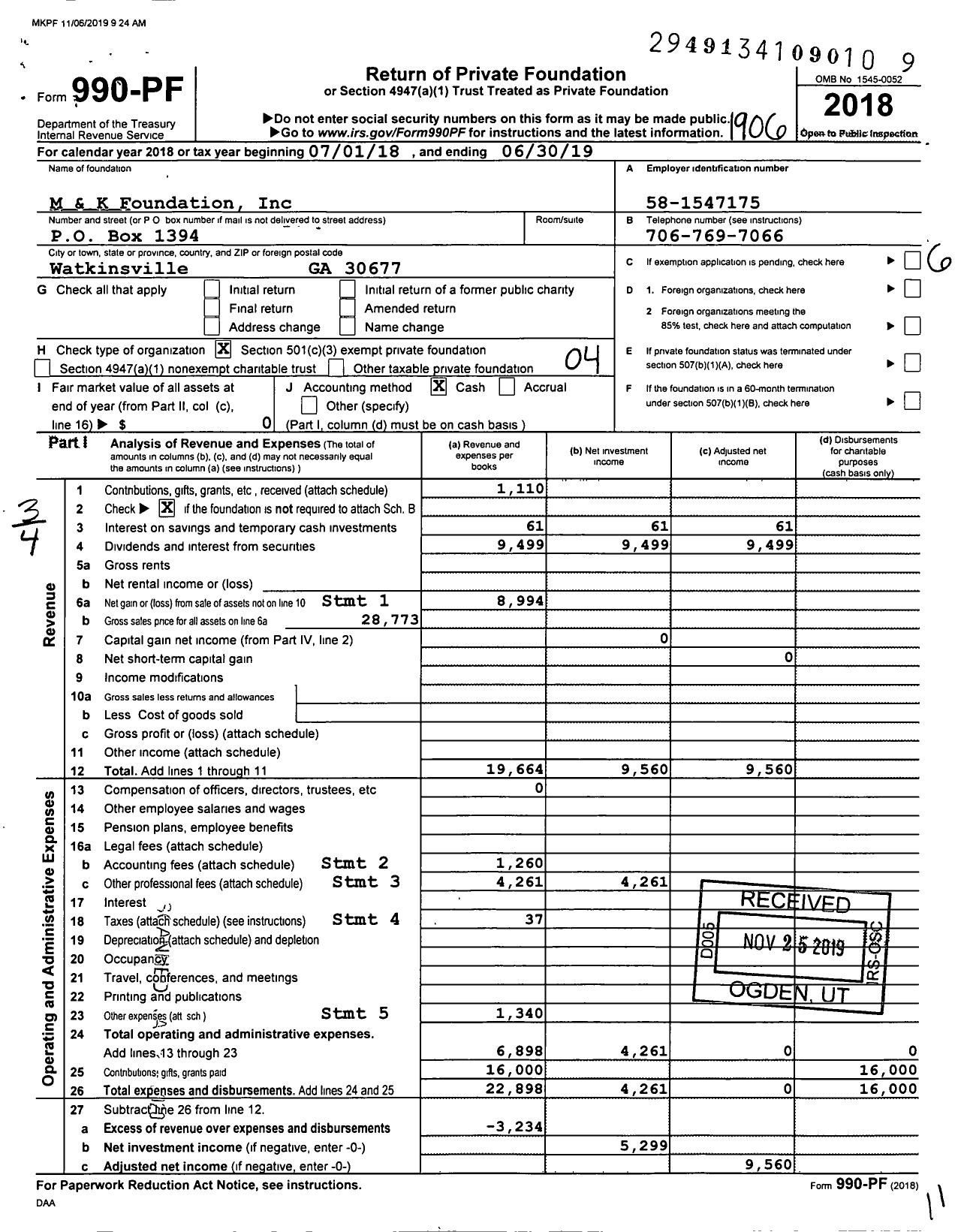 Image of first page of 2018 Form 990PF for M and K Foundation
