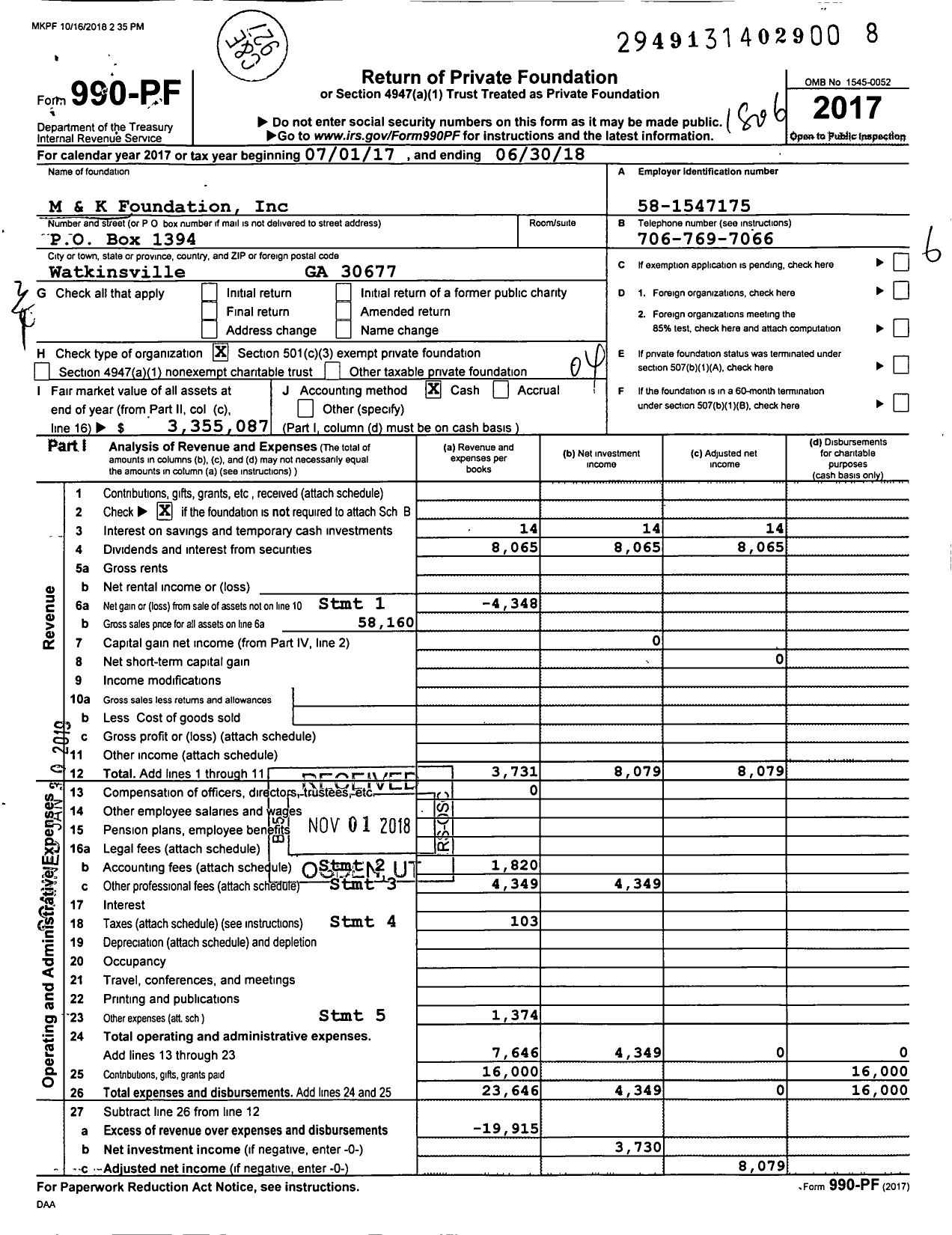 Image of first page of 2017 Form 990PF for M and K Foundation