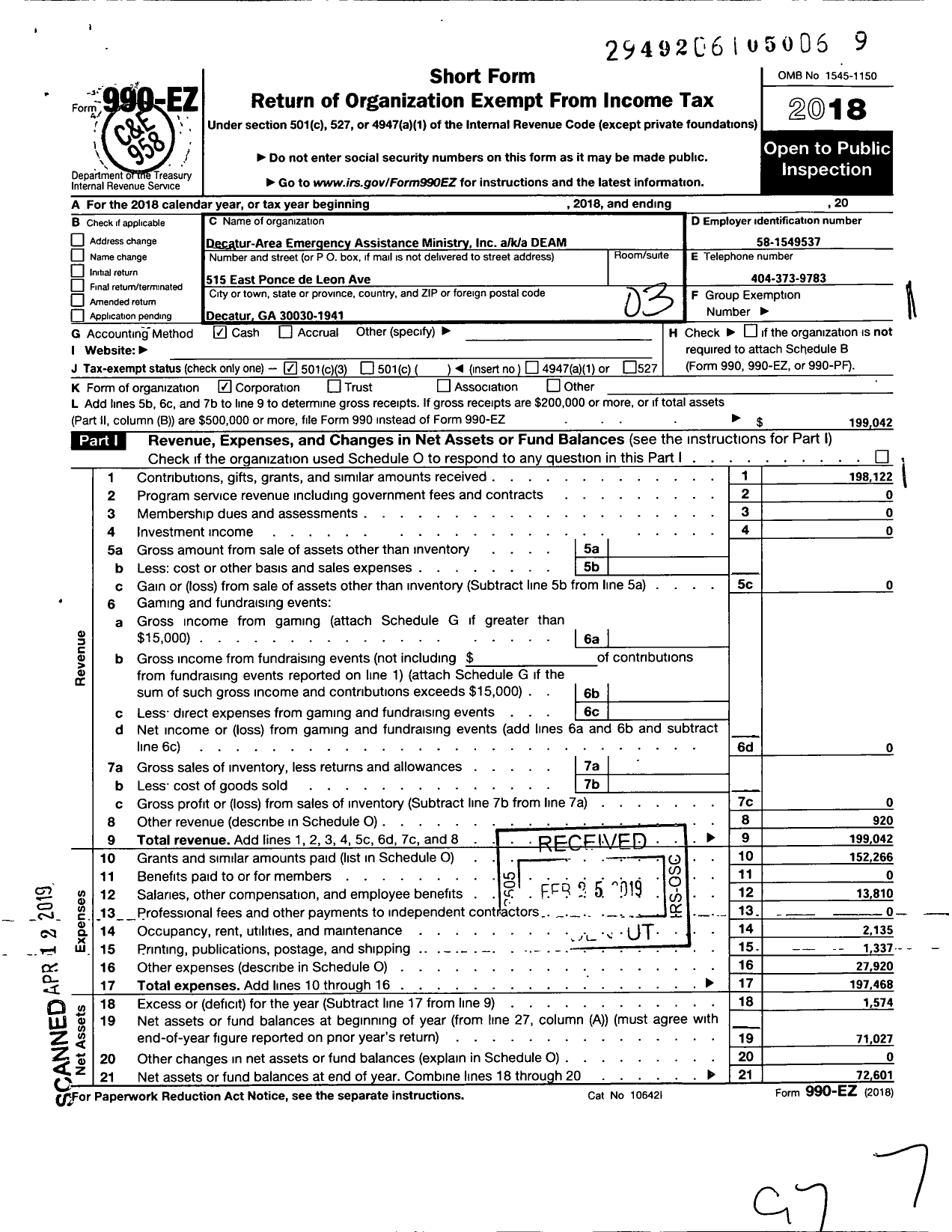 Image of first page of 2018 Form 990EZ for Decatur Emergency Assistance Ministry (DEAM)