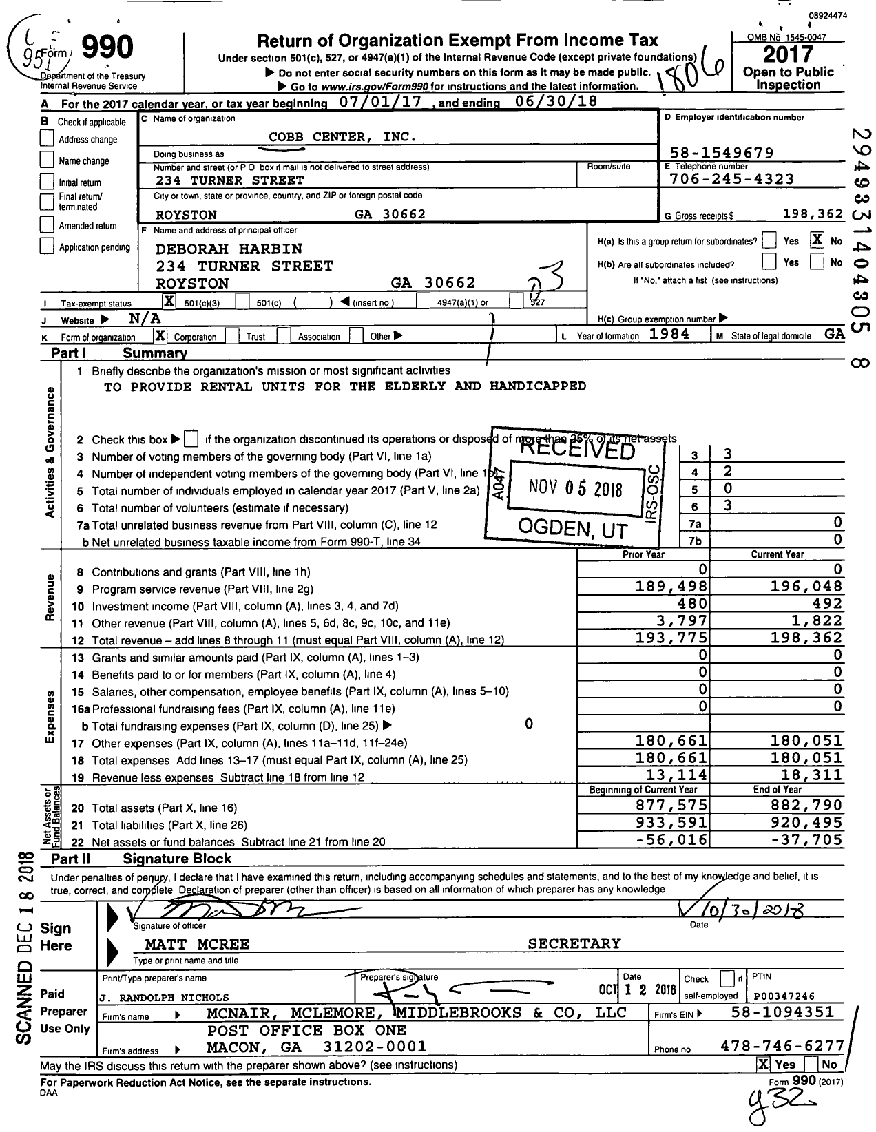 Image of first page of 2017 Form 990 for Cobb Center