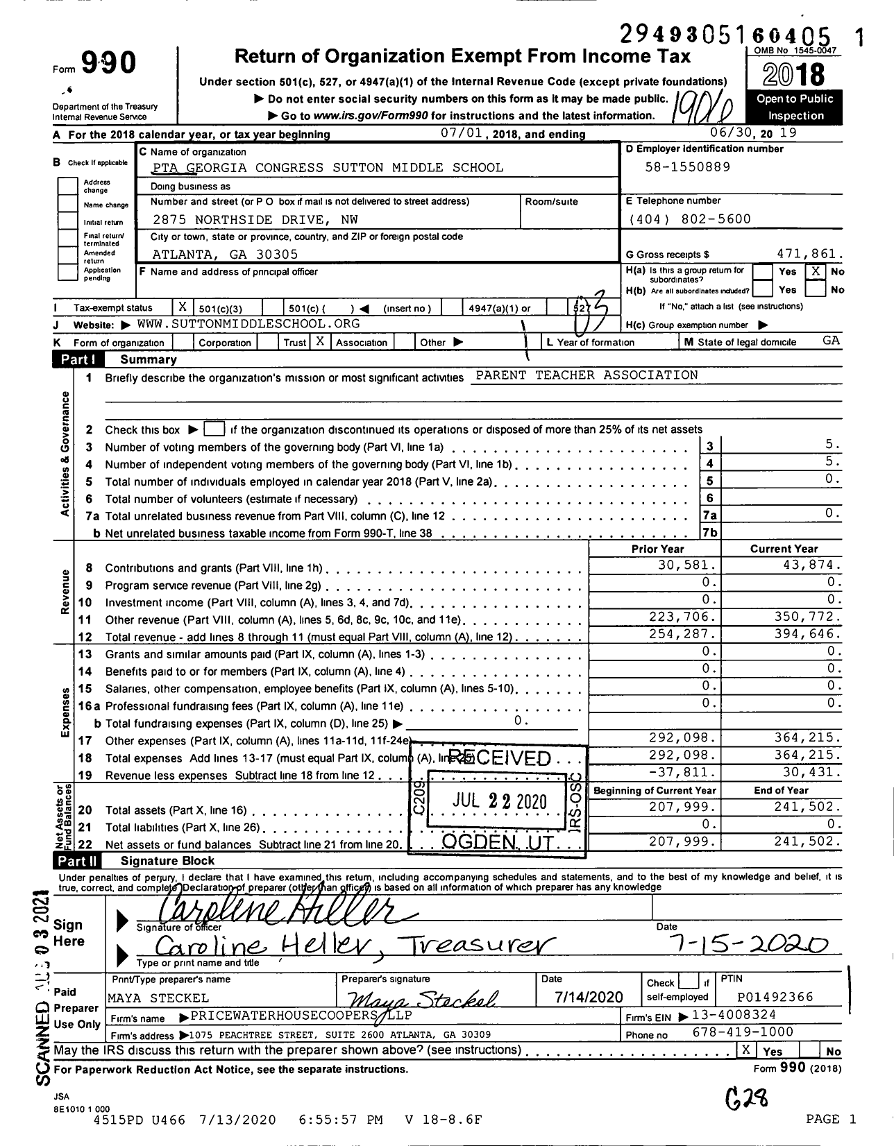 Image of first page of 2018 Form 990 for Georgia PTA - Sutton MS PTA