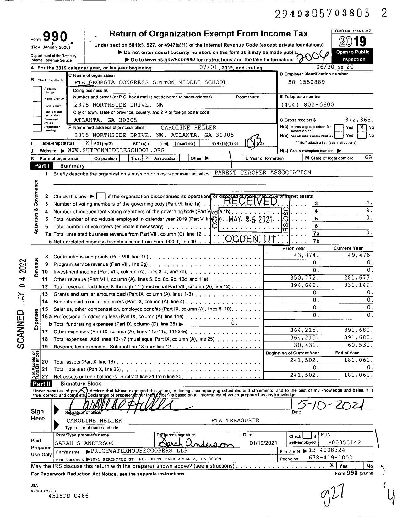 Image of first page of 2019 Form 990 for Georgia PTA - Sutton MS PTA