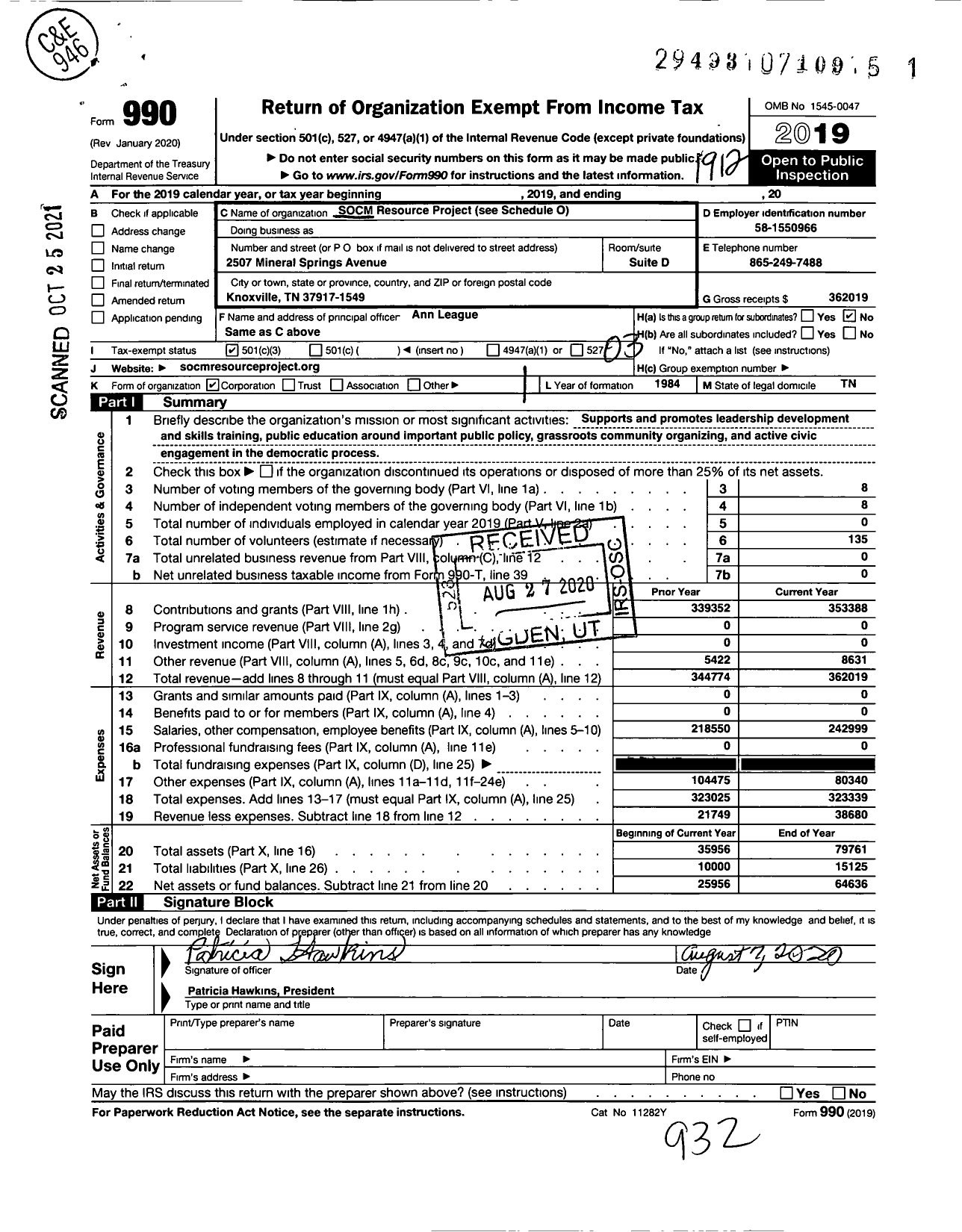 Image of first page of 2019 Form 990 for Statewide Organizing for Community Empowerment Resource Project