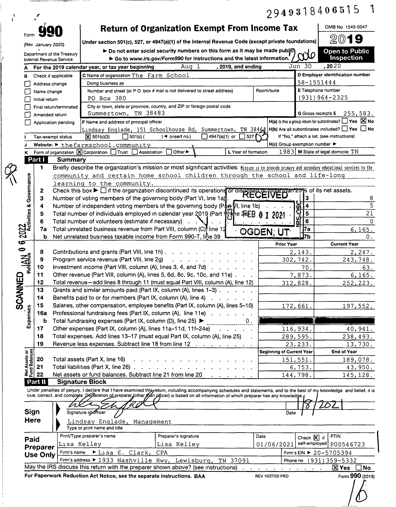 Image of first page of 2019 Form 990 for The Farm School