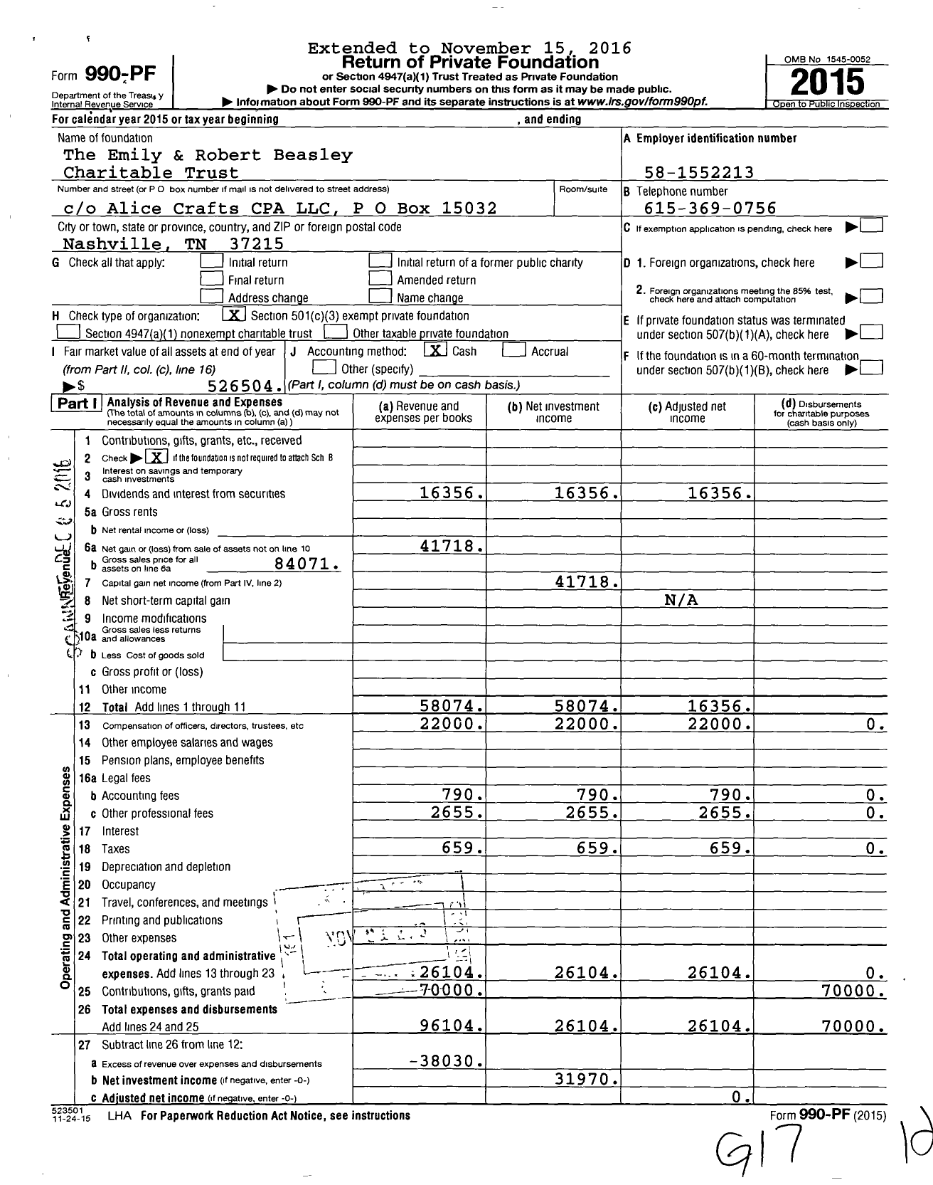 Image of first page of 2015 Form 990PF for The Emily & Robert Beasley Charitable Trust