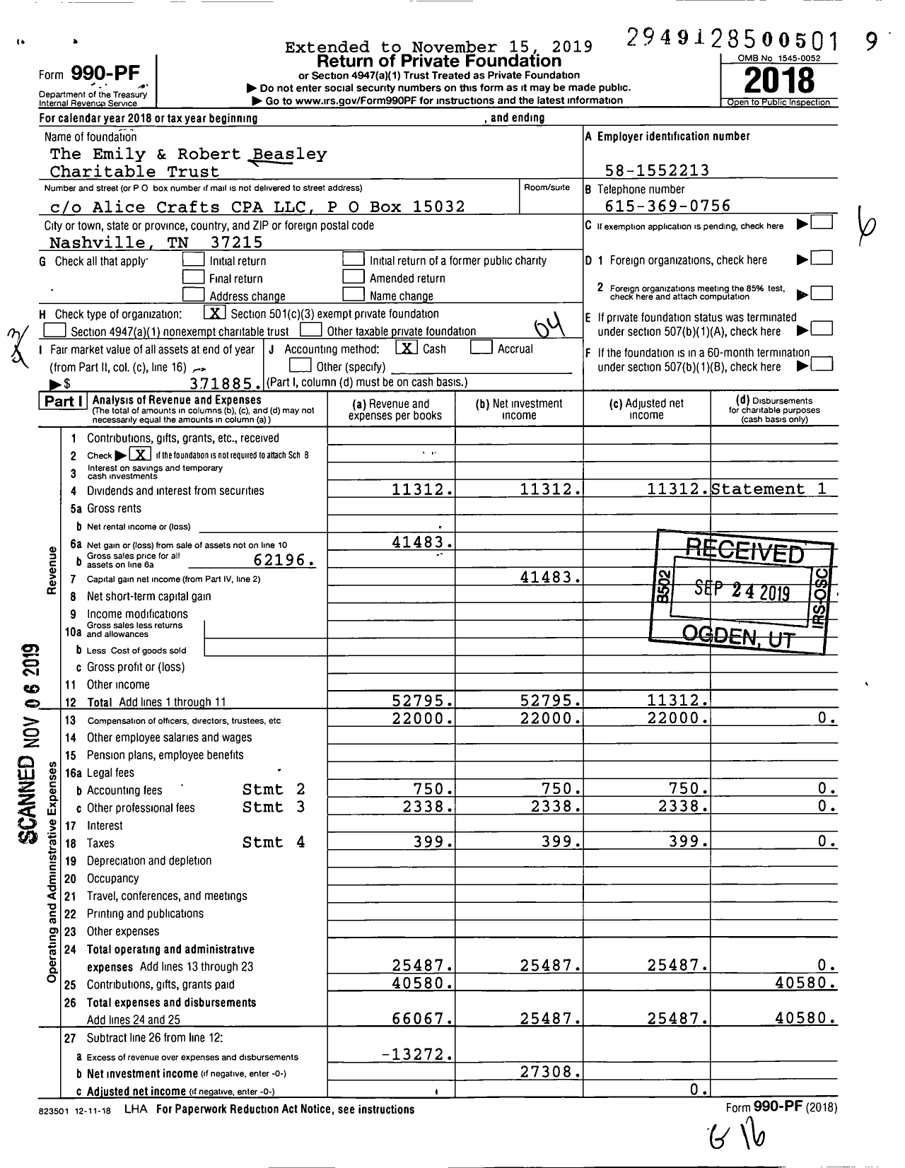 Image of first page of 2018 Form 990PF for The Emily & Robert Beasley Charitable Trust