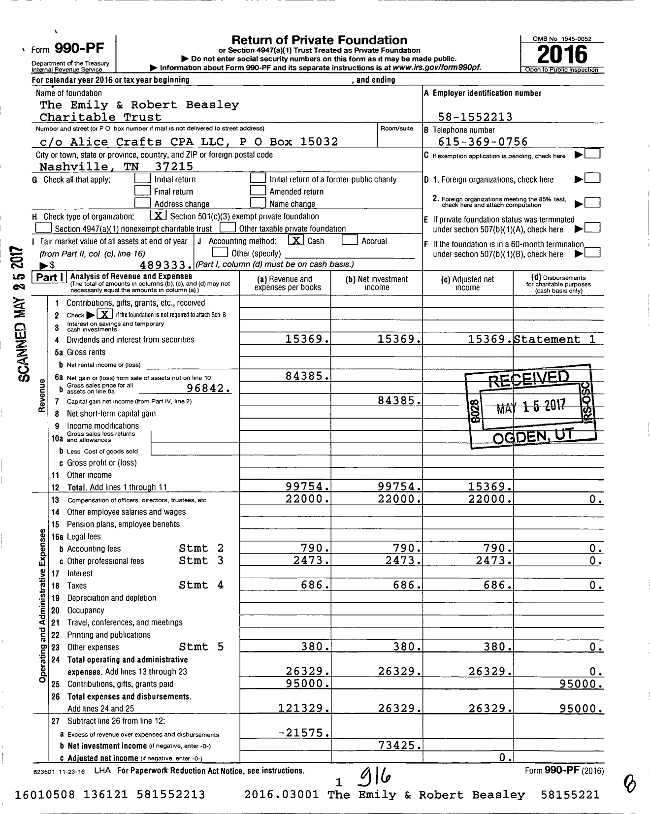 Image of first page of 2016 Form 990PF for The Emily & Robert Beasley Charitable Trust