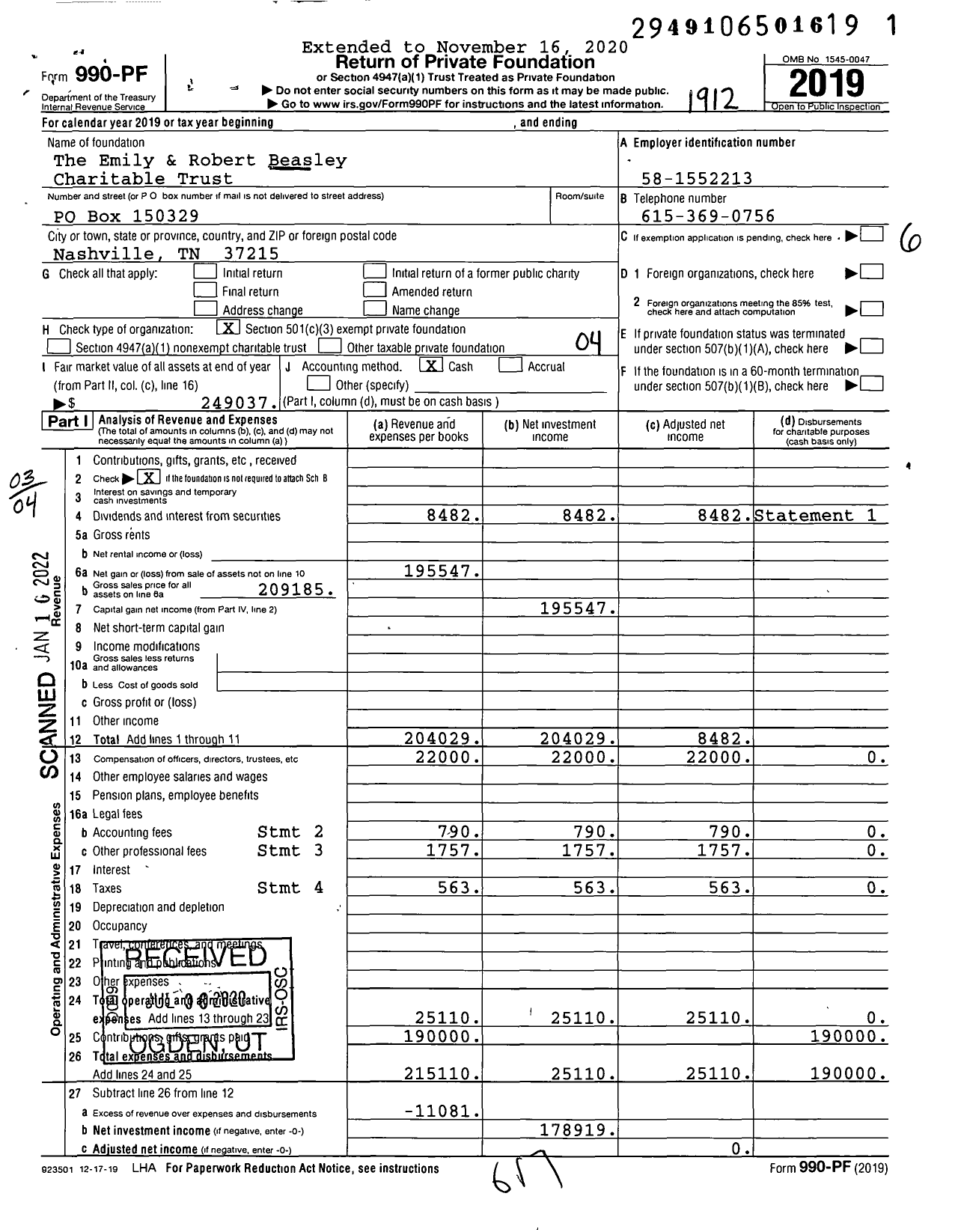 Image of first page of 2019 Form 990PF for The Emily & Robert Beasley Charitable Trust