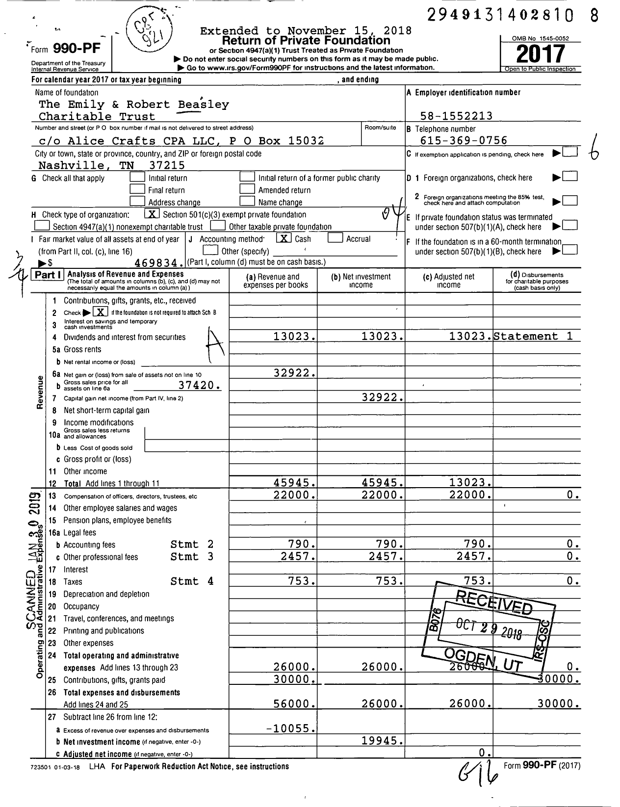 Image of first page of 2017 Form 990PF for The Emily & Robert Beasley Charitable Trust